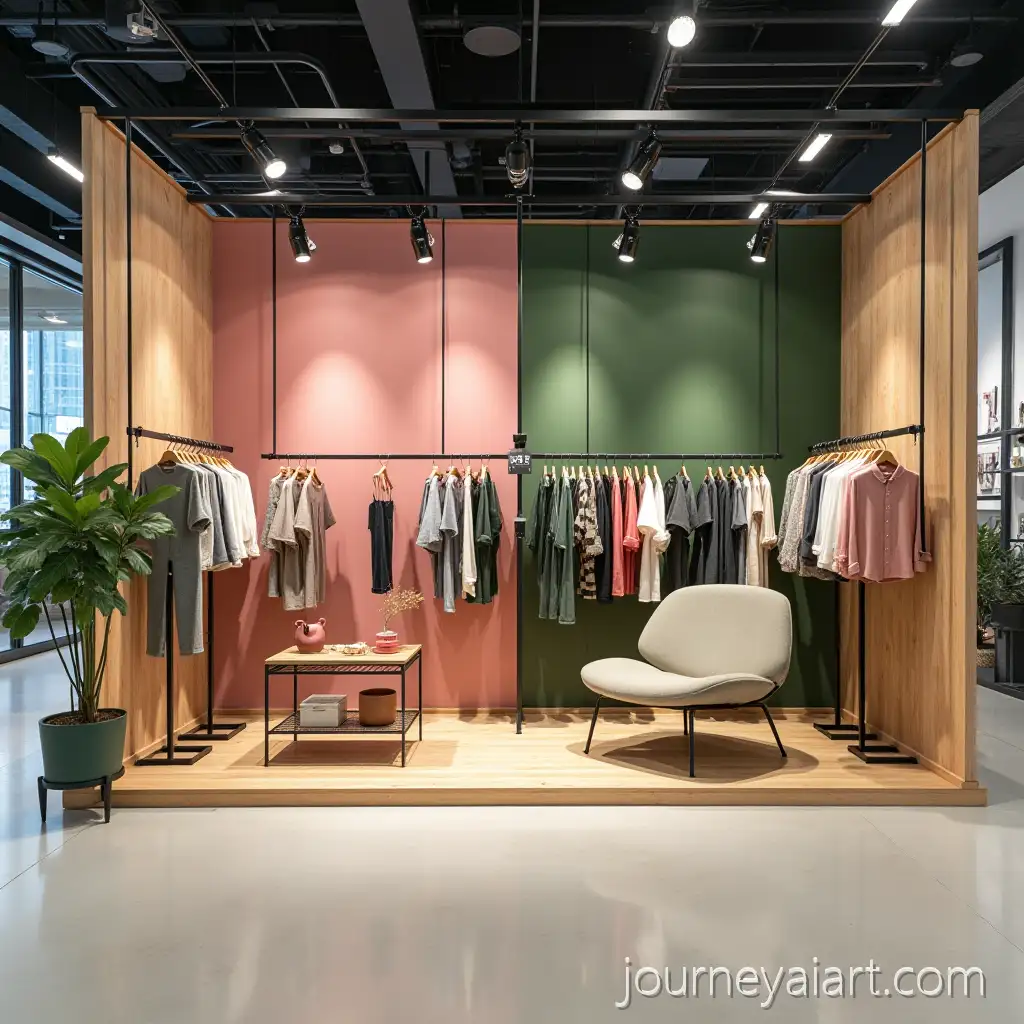 Modern-Iron-andAI-Art-Prompt-Expansion-Wood-Booth-Display-for-Clothes-with-Brand-Logo-and-GreenPink-Color-Scheme