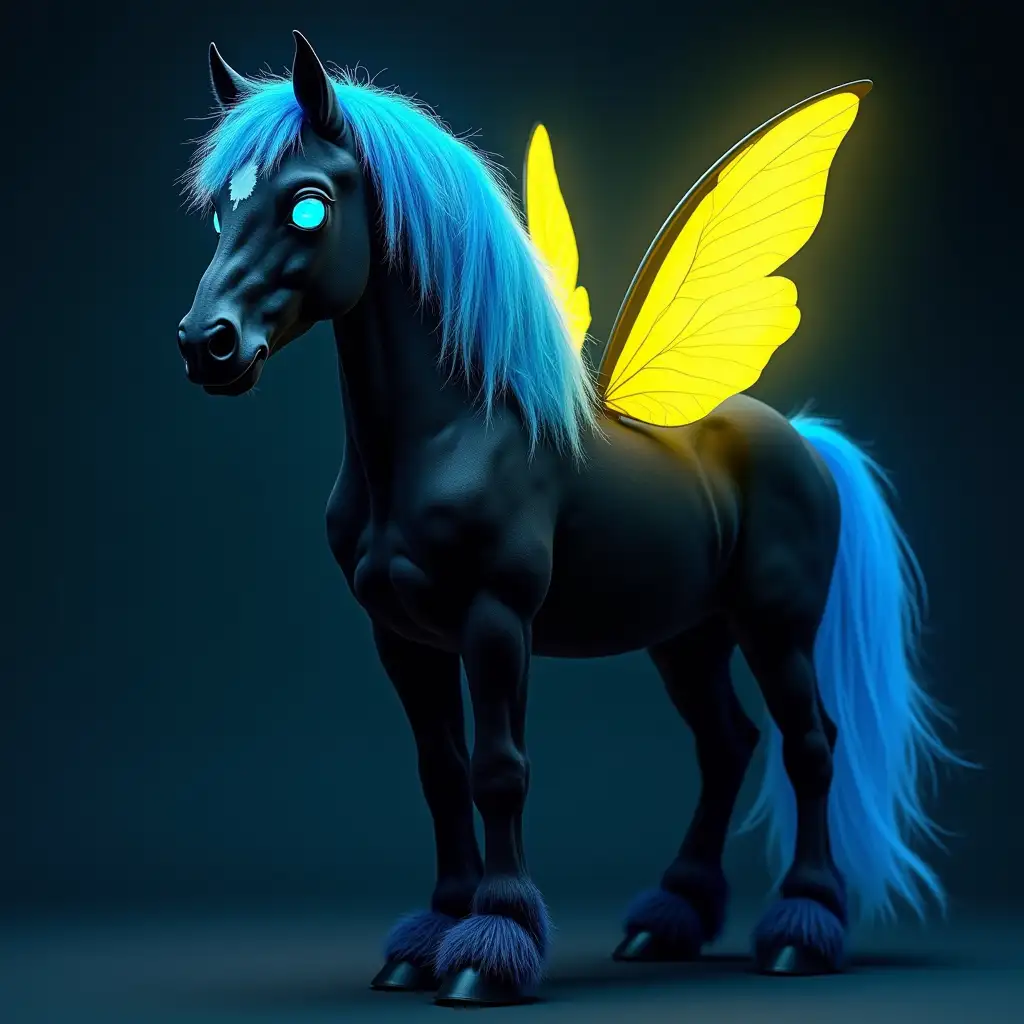 Majestic Black Horse with Neon Blue Eyes and Butterfly Wings