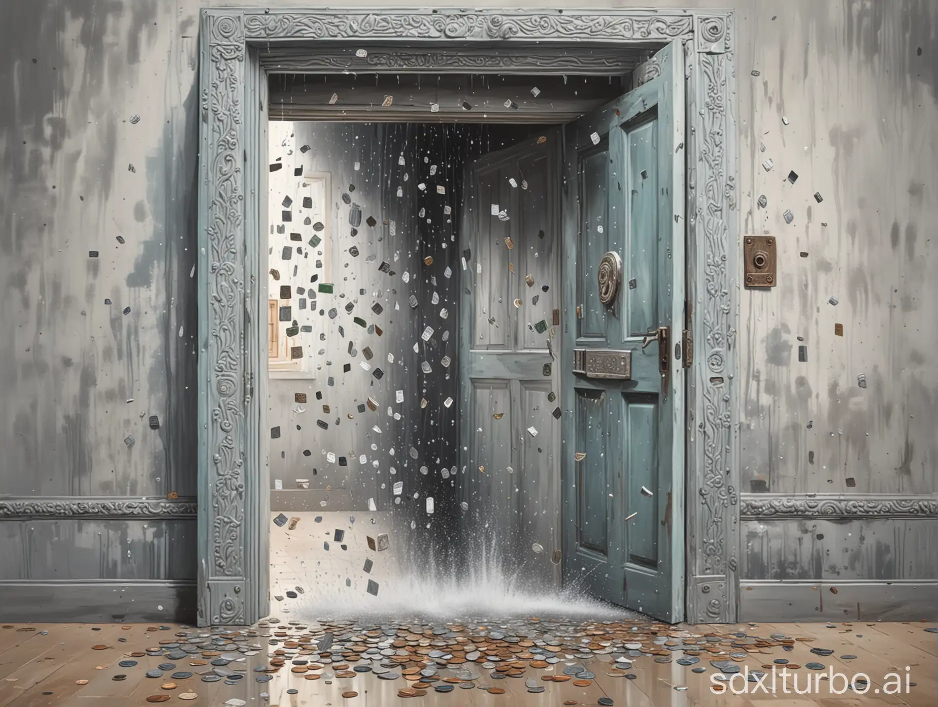 A painting depicting doors open and Indian currency showering (INR) reflecting from the other side. The colour of the door should be silver.