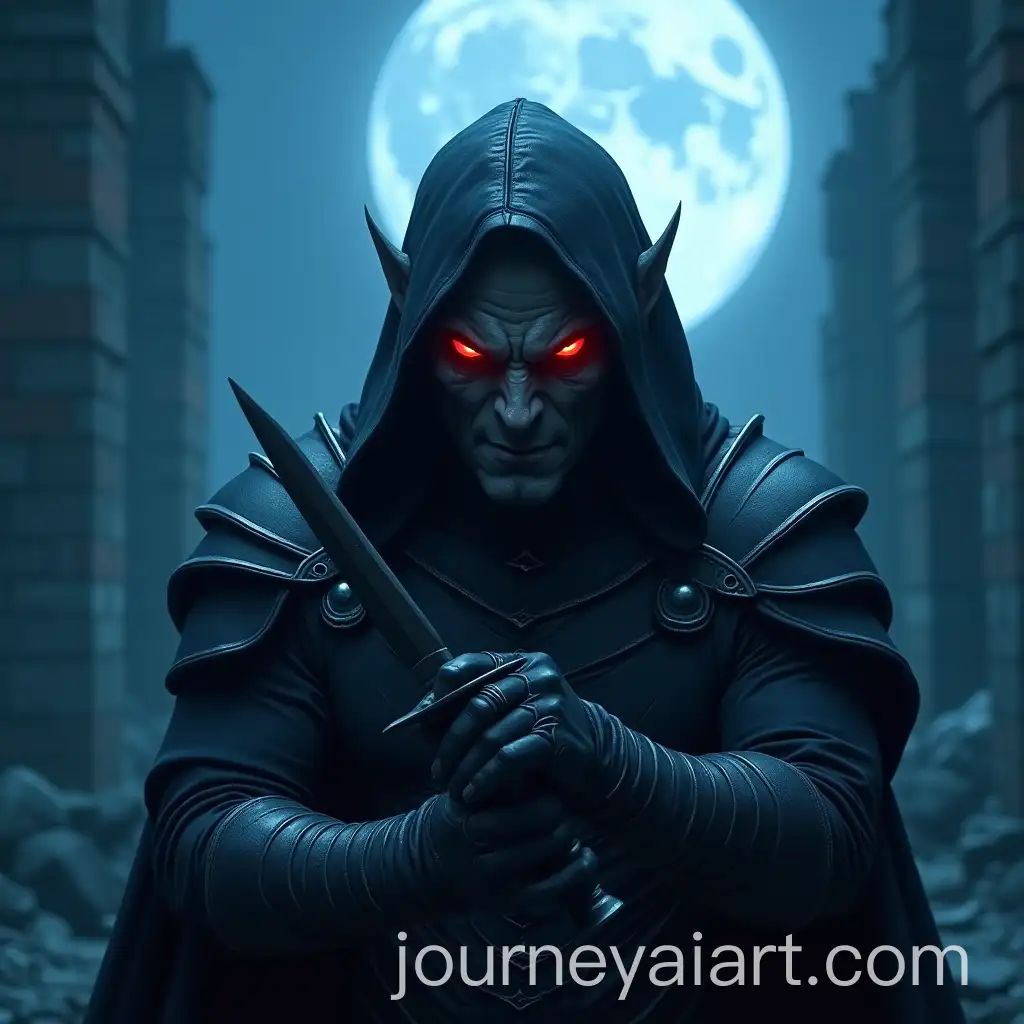 Deadly-Dark-Elf-in-Shadowy-Armor-with-Crimson-Eyes-and-Poisoned-Daggers-in-Ancient-Ruins