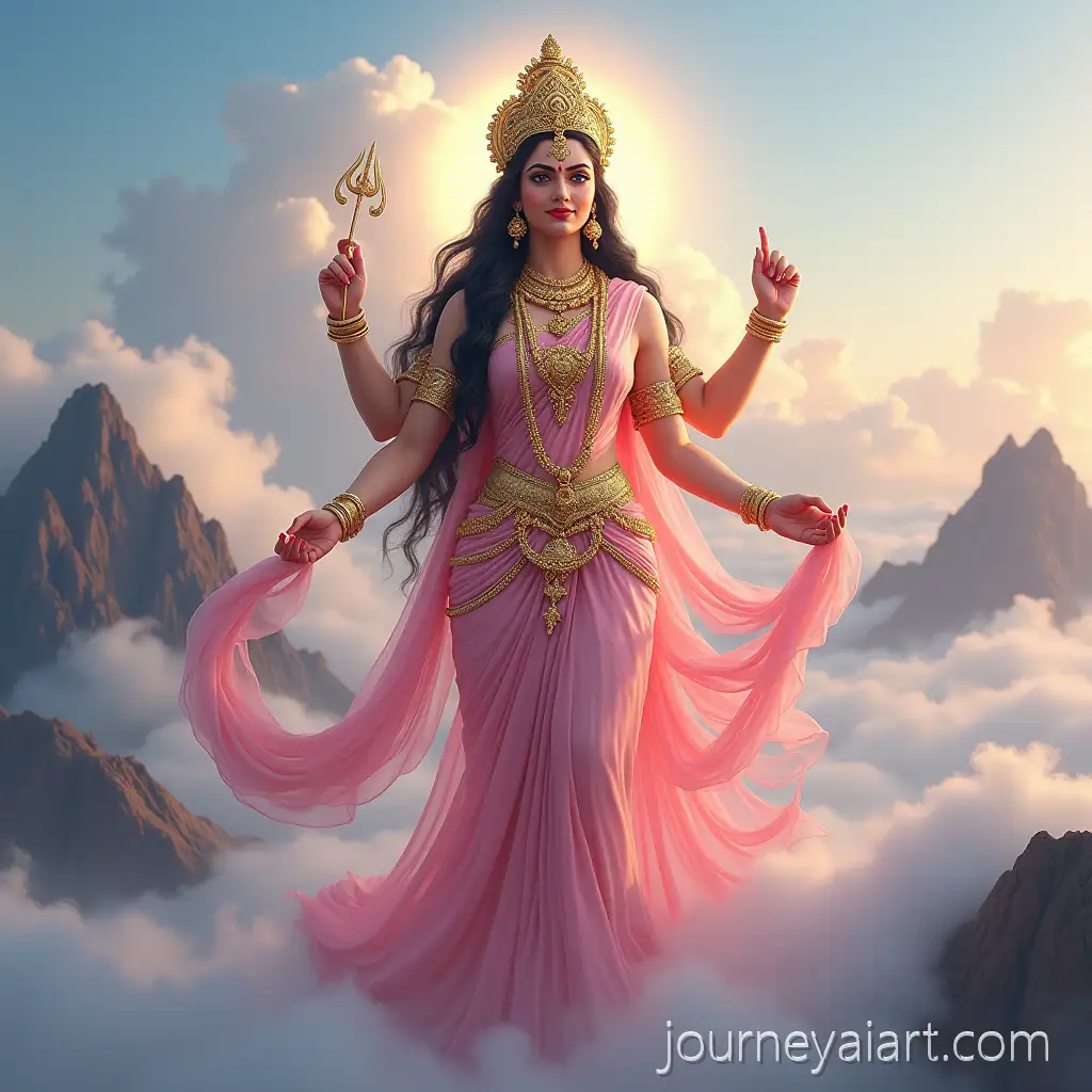 Beautiful-Realistic-Image-of-Lord-Durga-Devi-in-Pink-Saree-Standing-on-Clouds-with-Mountains