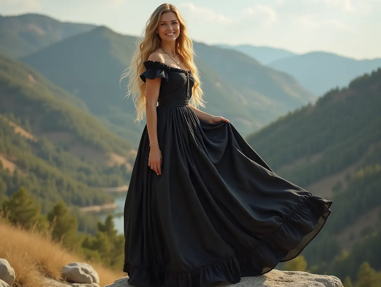 Schwarze Frauen, sehr lange goldene Haare, long dress to the ground, beautiful shoes, seventeenth century, slight smile on the face, with a smile, modern jewelry, standing on a rock with the whole body, Valley Clear sky, photo realistic, 4k quality