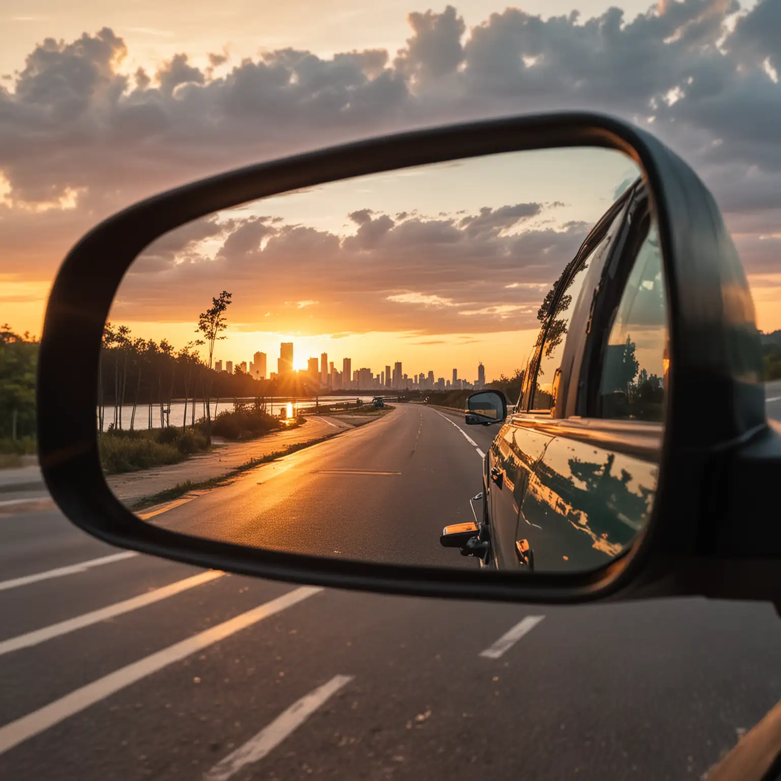 Car-Rearview-Mirror-Transitioning-from-City-Skyline-to-Beach-View-at-Sunset