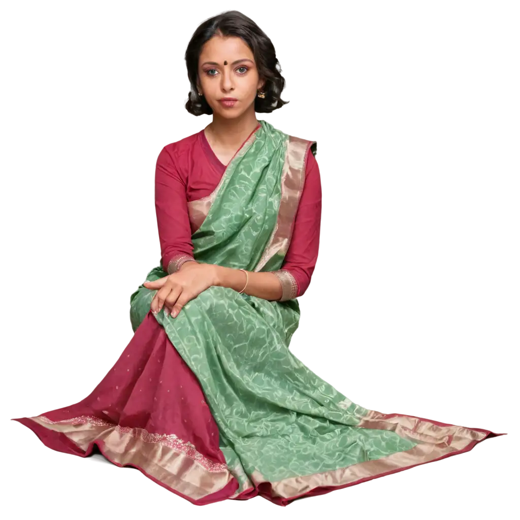 Front-Angle-Women-Sitting-with-Saree-PNG-Image-Elegant-Cultural-Representation