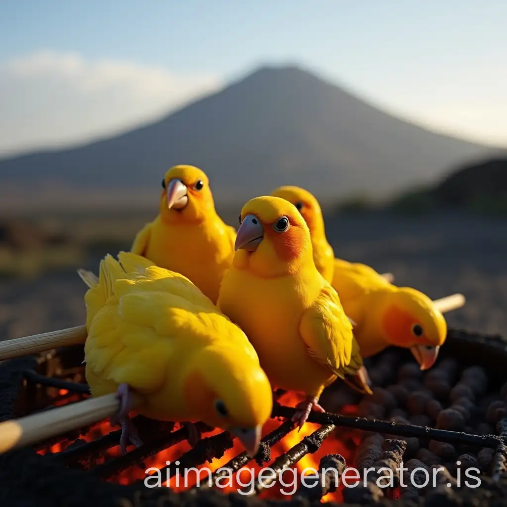 Yellow-Canaries-on-Barbecue-Skewer-with-Mount-EtnaAI-Art-Prompt-Expansion-Background