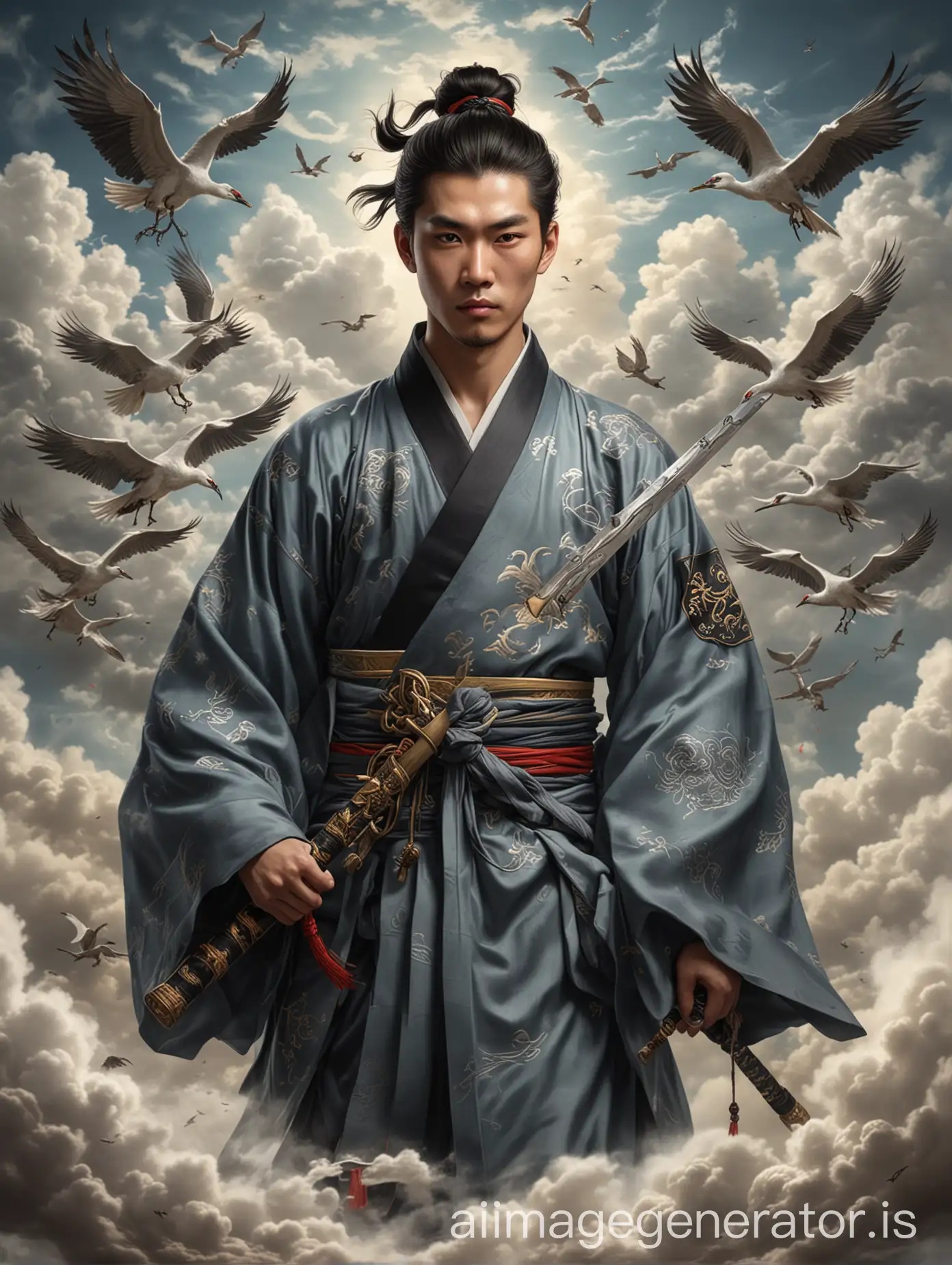 Young-L-Dongbin-with-Sword-Amidst-Taoist-Elements-and-Soaring-Cranes