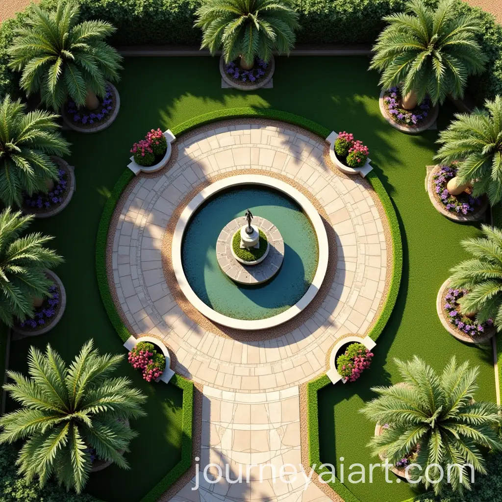 Modern-Desert-Oasis-Garden-with-Circular-Fountain-and-Palm-Trees