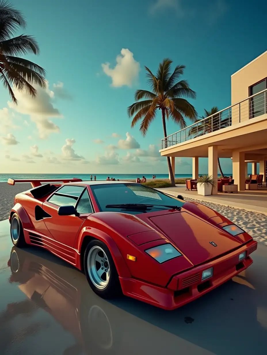 lambo countach on the retro miami beach 80-s the effect of the old film 8k HDR