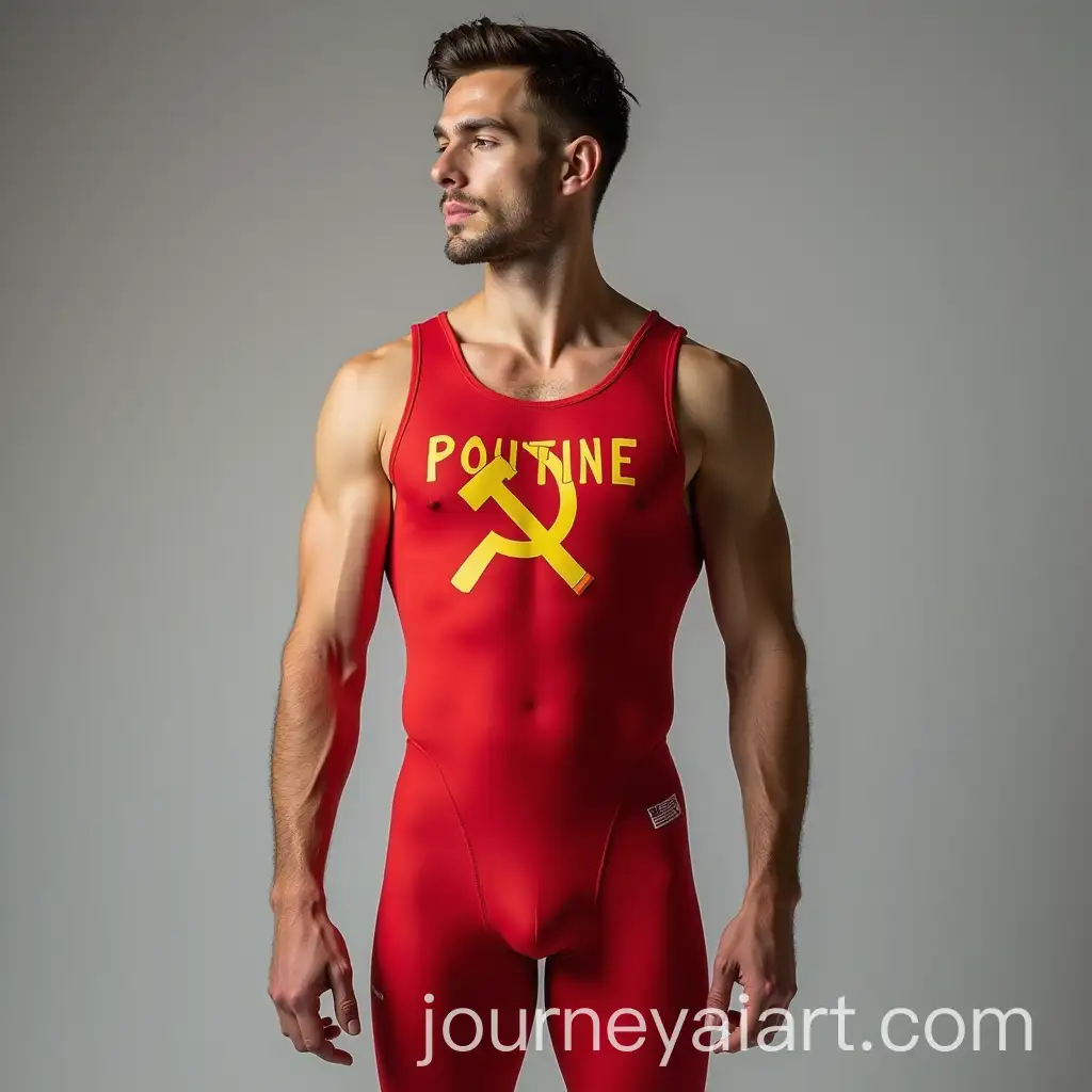 Male-Gymnast-in-CommunismInspired-Leotard-with-POUTINE-Written