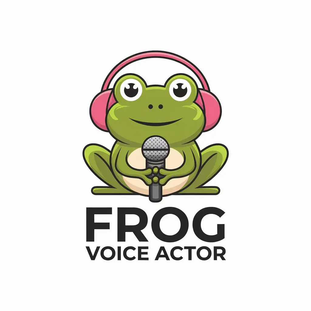 a vector logo design,with the text "frog voice actor", main symbol:Cute frog, smile, microphone, pink headphones,Minimalistic,be used in Animals Pets industry,clear background