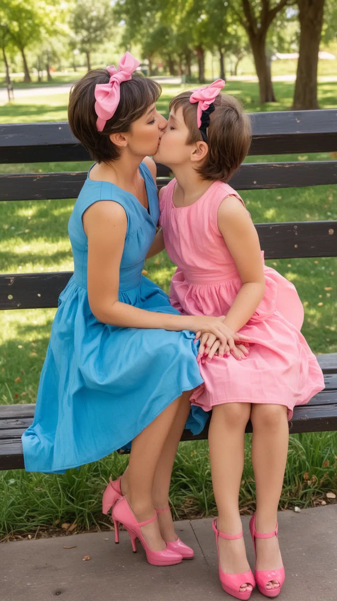 Young-Boy-Wearing-Blue-Dress-and-Pink-High-Heels-Kissing-His-Mom-on-Park-Bench