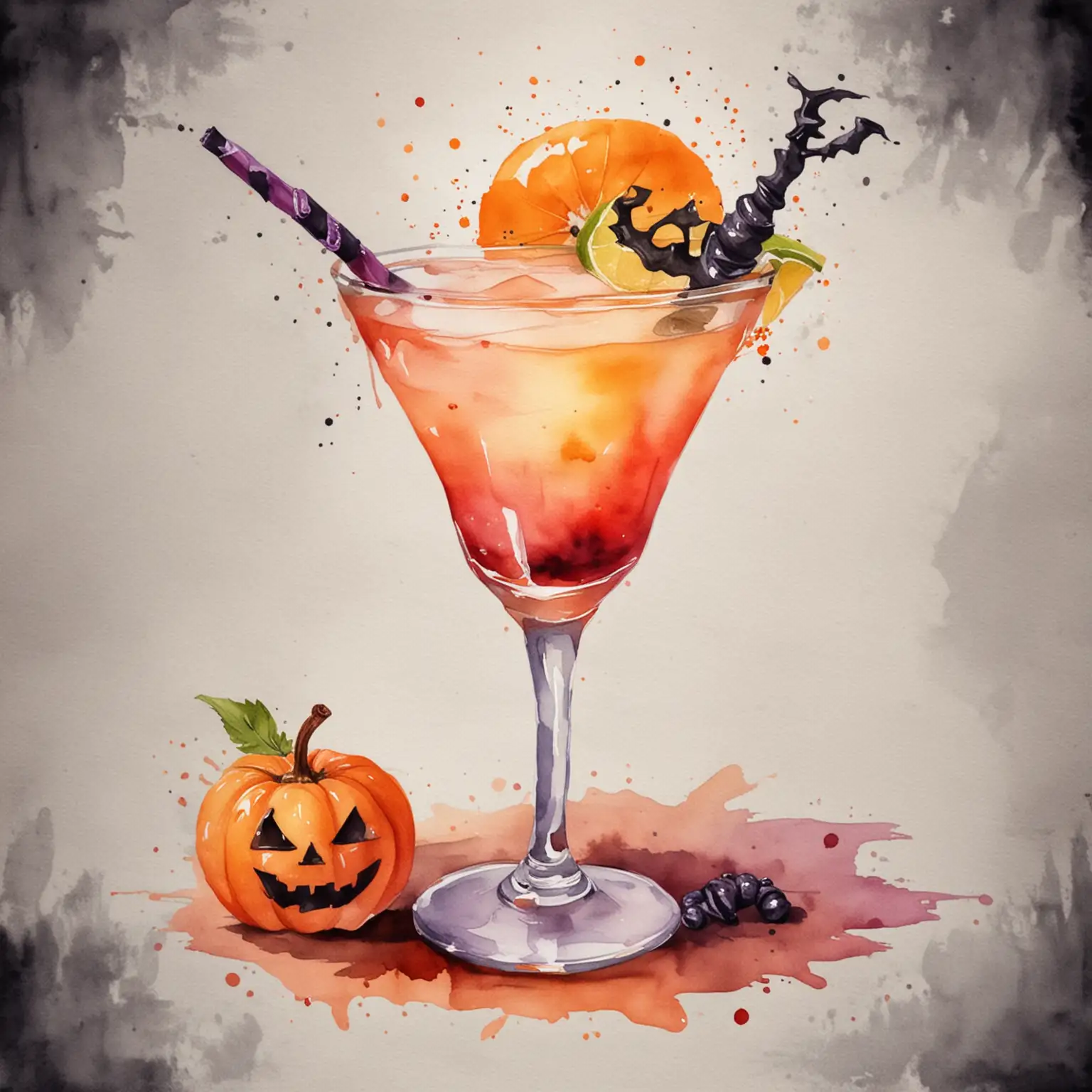 Watercolor Halloween Cocktail Party Scene