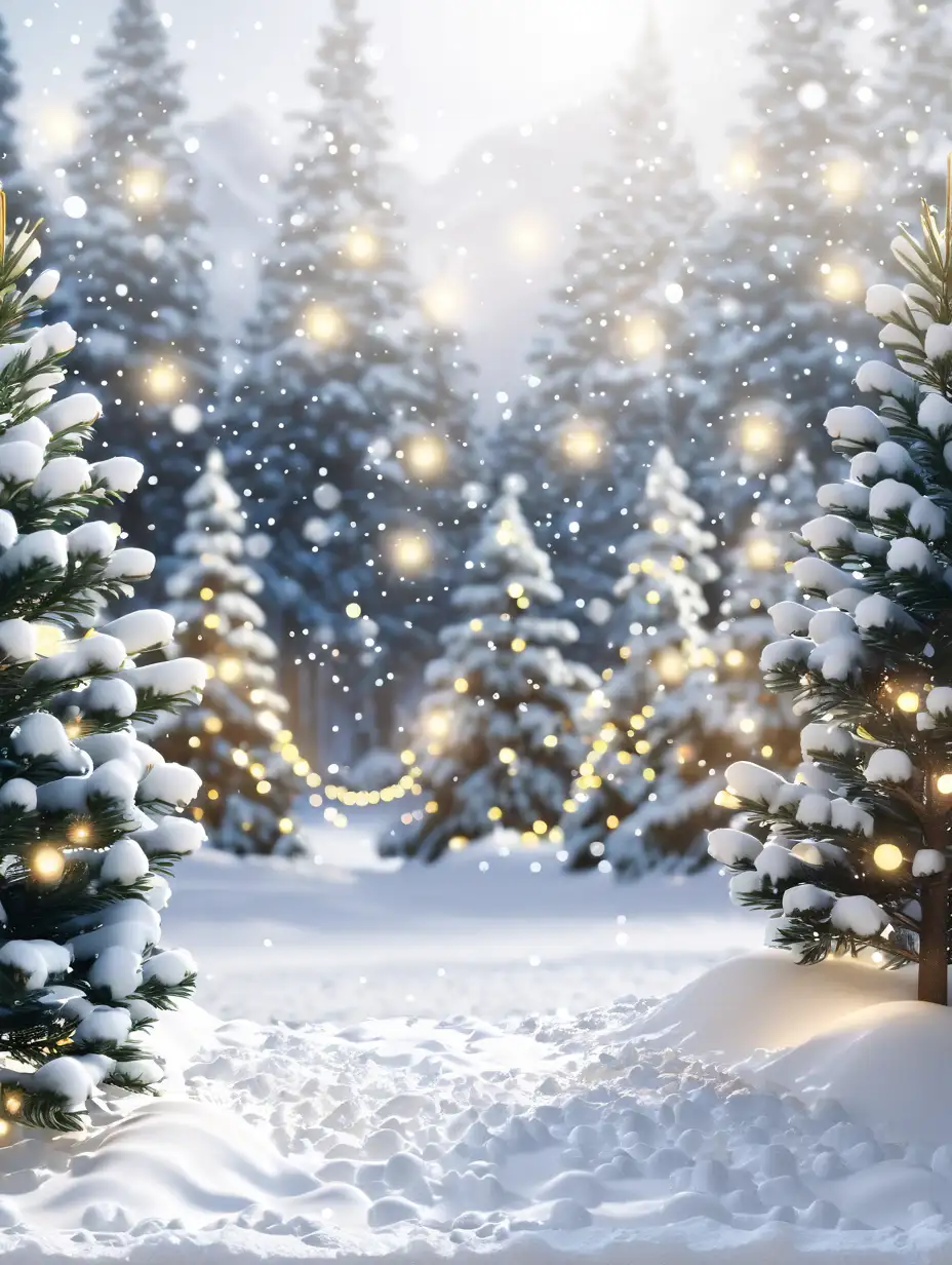 Winter Wonderland with Snowy Pine Trees and Christmas Lights