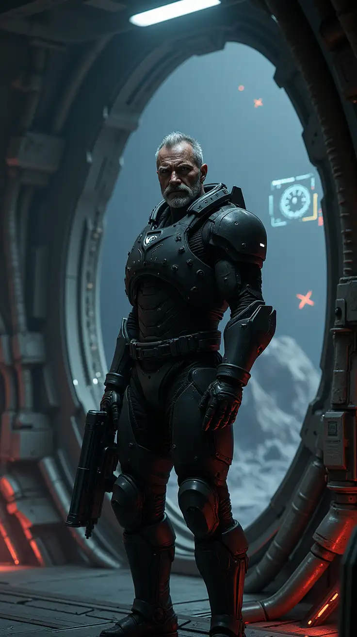 Depict a rugged, battle-hardened figure standing inside a high-tech, industrial spacecraft or command center. He is a muscular man in his 50s with a scarred face and a commanding presence. Dressed in dark, reinforced combat armor with angular, matte black plating and faintly glowing insignias, his gear is scuffed and worn from countless battles. His stance is solid and deliberate, exuding quiet authority and readiness. His right hand rests confidently on the hilt of a futuristic weapon holstered at his side, while his other arm hangs at ease, projecting calm vigilance. Dim lighting from above casts sharp shadows across his armor and highlights the texture of his rugged features, emphasizing his experience and resilience. The interior is vast and industrial, with towering conduits, glowing control panels, and exposed machinery lining the walls. The faint hum of technology fills the air, with holographic tactical displays floating nearby, casting subtle blue and red glows across the metallic surfaces. Large observation windows dominate the background, revealing the jagged expanse of an asteroid field floating in the blackness of space. Faint stars provide a cold, distant light, contrasting with the sharp, utilitarian environment. The color palette is dark and gritty, featuring deep blacks, metallic grays, and muted blue and red highlights from the tactical displays. The scene captures the foreboding atmosphere of a militaristic spacecraft or the cold, oppressive environment of Facility 42, emphasizing the character's role as a seasoned warrior in a hostile, dystopian galaxy.