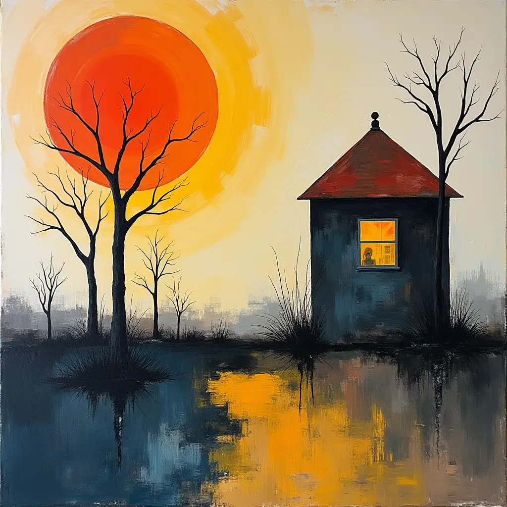 primitively schematic minimalism, stalker tarkovskyan style in the manner of Kandinsky, Malevich, minimalism, simplify for a beginner artist with acrylic many colors, constructivism abstractness, gloomily