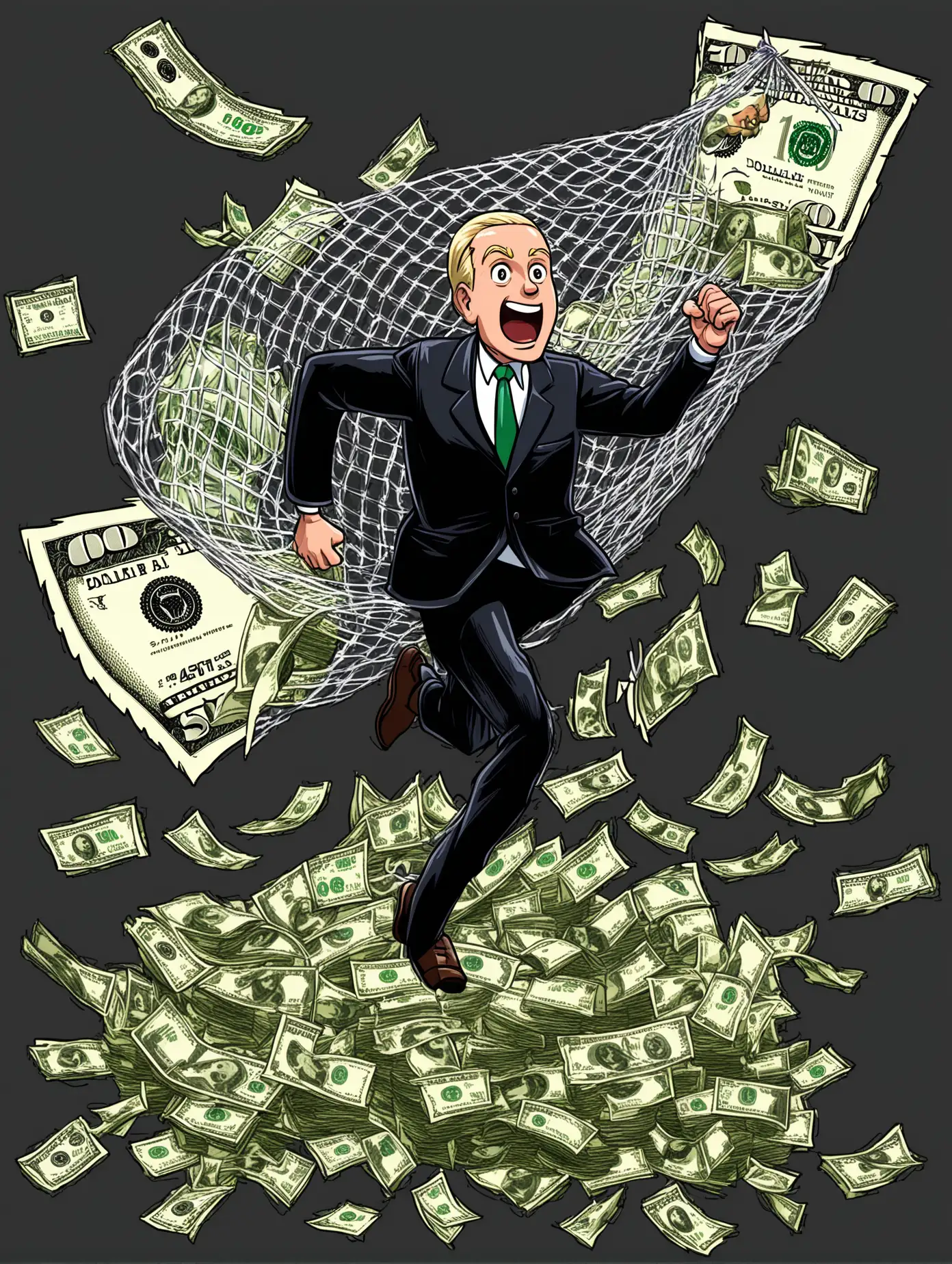 Cartoon Person Chasing Flying Dollar Bills with Net