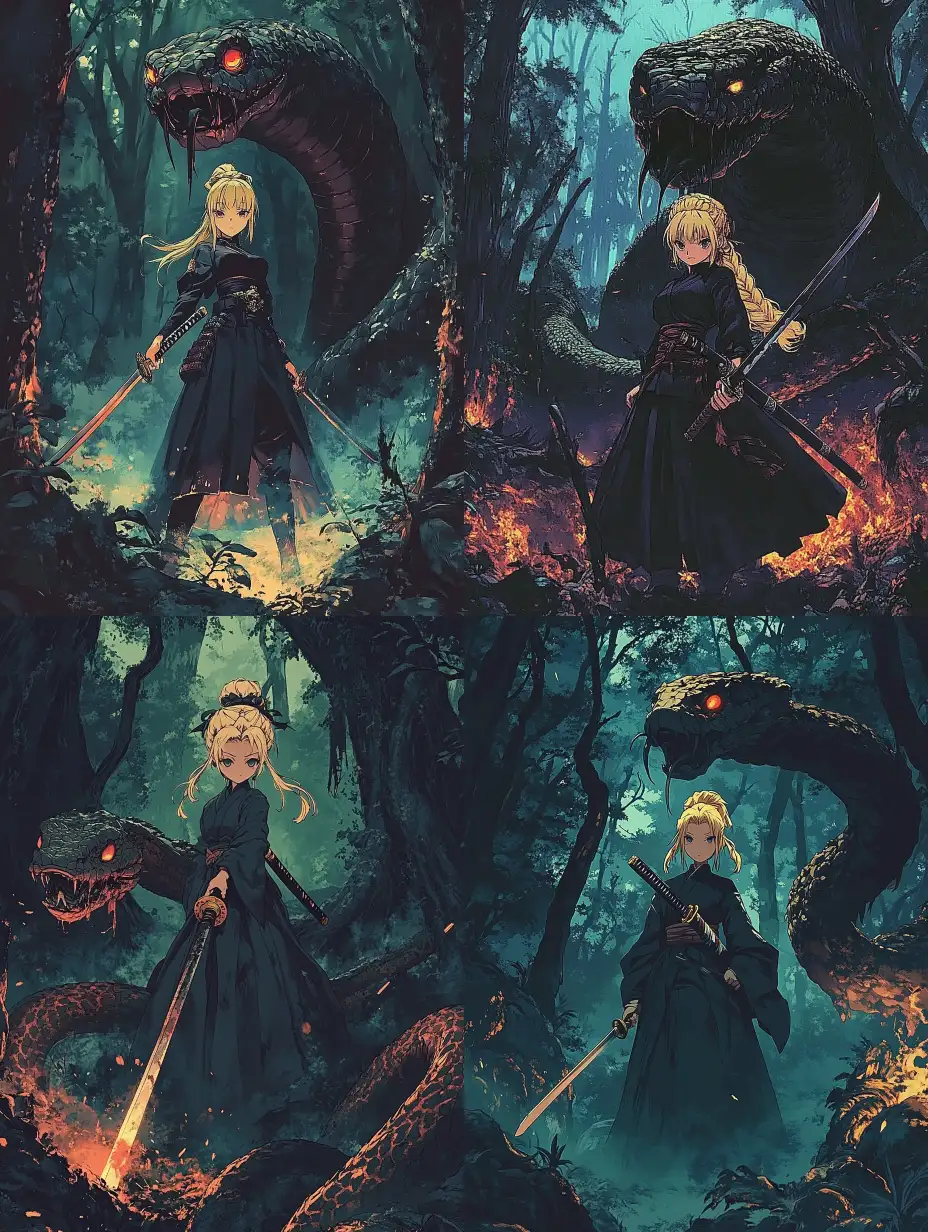 Blonde-Female-Samurai-Battles-Giant-Serpent-in-Dark-Anime-Forest