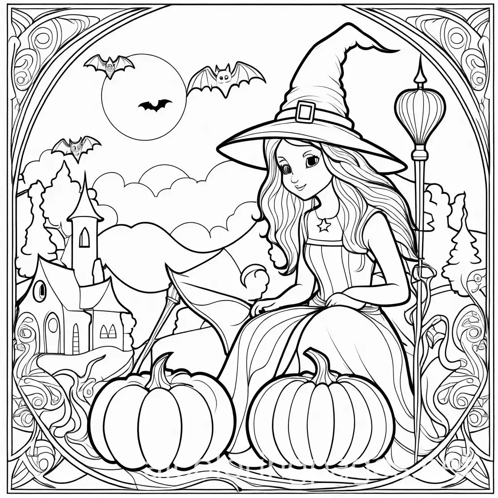 Halloween colouring page for adults wizard and witch, Coloring Page, black and white, line art, white background, Simplicity, Ample White Space. The background of the coloring page is plain white to make it easy for young children to color within the lines. The outlines of all the subjects are easy to distinguish, making it simple for kids to color without too much difficulty