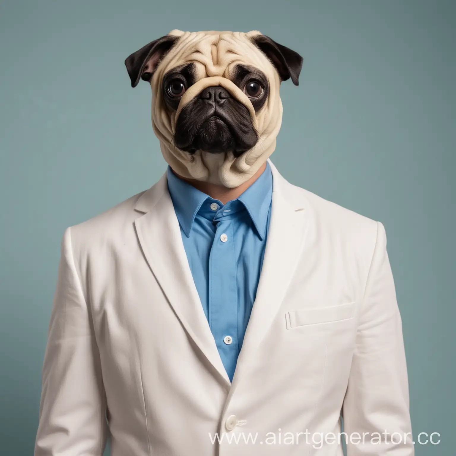 Man-in-Pug-Mask-White-Suit-Blue-Shirt