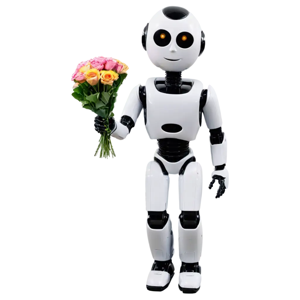 PNG-Image-of-a-Smiling-Humanoid-Robot-Holding-a-Bouquet-of-Flowers-Enhancing-Online-Presence