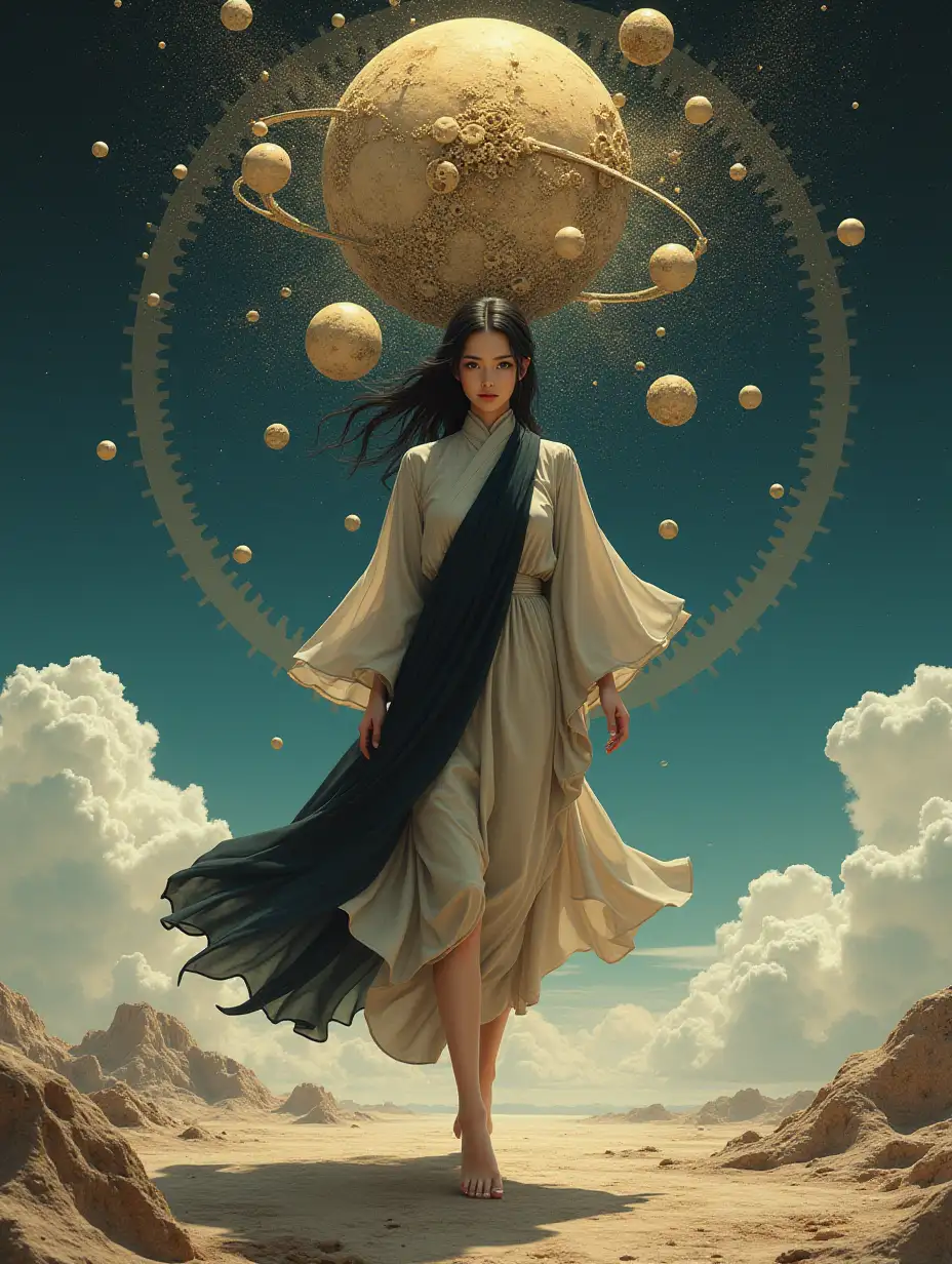 A beautiful japanese futuristic woman with beautiful eyes is wearing black and beige drapes , surrounded by the elements of time and space, with gears of the universe in her head, she is walking in a surreal Dali's world, her barefoot step on the surface of an ancient click on the ground, the world has an ethereal form with many different types of human, in the style of Jacek Czupiak, in the style of René Magritte, symmetrical composition, highly detailed, surrealism, in the style of Klimt, James Jean, and Artgerm , hyperrealism mixes with semi-manga image 