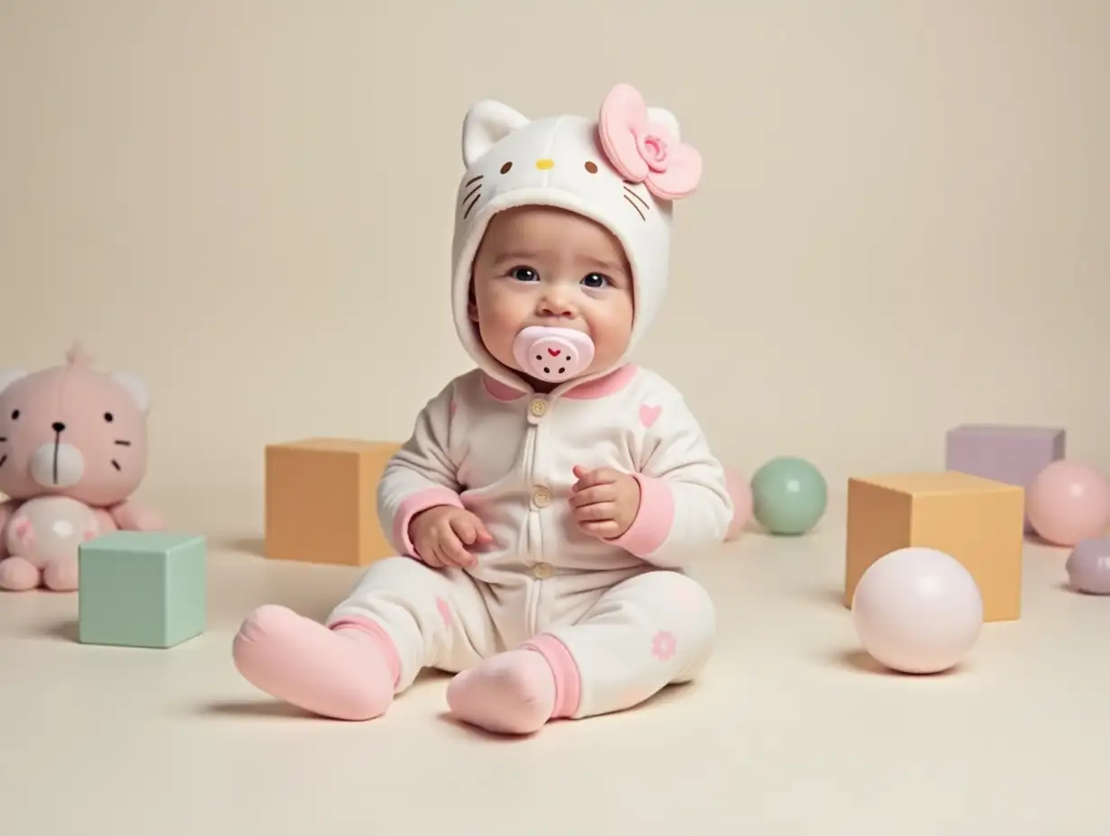 A baby version of Hello Kitty is sitting and playing with toys, facing directly toward the viewer. She is holding a pacifier in her mouth, with a cute and innocent expression. The background is soft and playful, filled with colorful baby toys like blocks, stuffed animals, and rattles scattered around her. She wears a small onesie with light pastel colors, making her look adorable and cozy. Her characteristic pink bow remains on her head, but everything else is designed to emphasize her baby-like appearance.