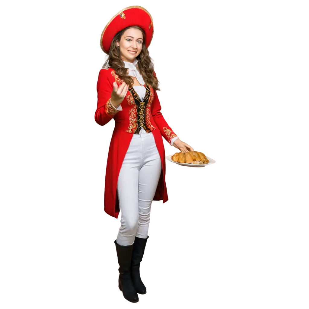 PNG-Image-of-a-Young-European-Woman-in-Red-Musketeer-Suit-Holding-Roasted-Meat-Plate