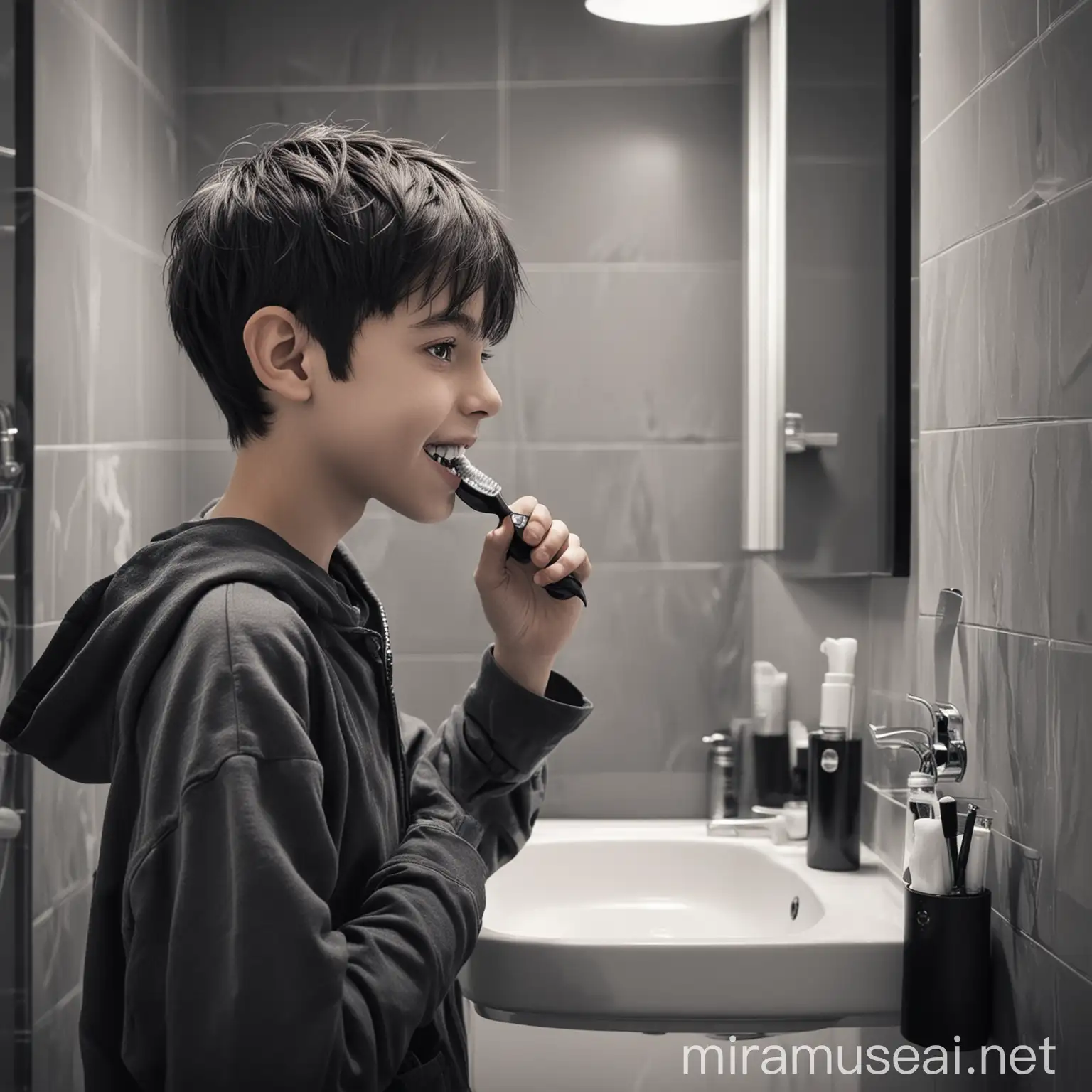 Boy Brushing Teeth in Stylish Anime Bathroom