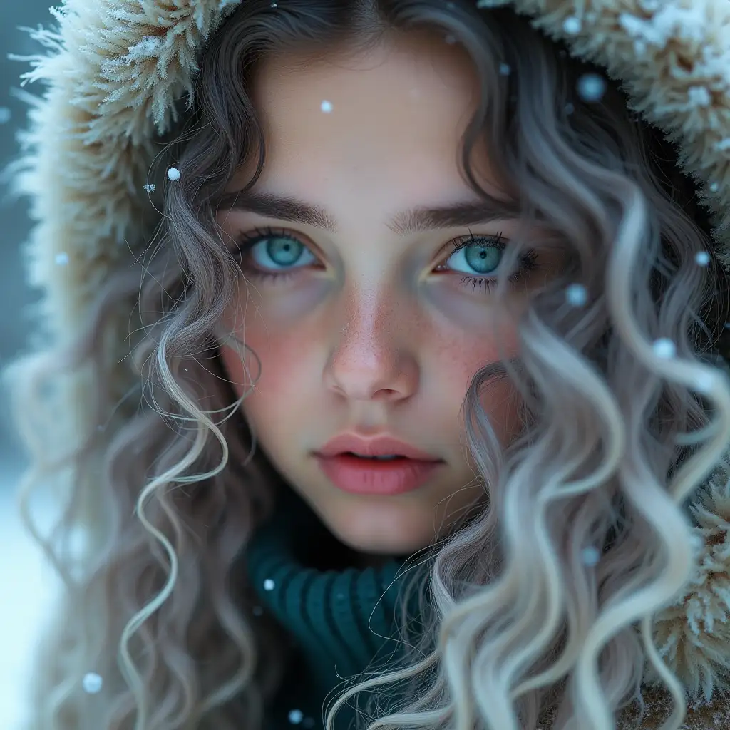 close up photorealistic portrait of young woman with long curly silver hair and emerald-green eyes, 8k resolution, it is snowing, very close up, young woman, beautiful, hyperreal detailed, volumetric lighting