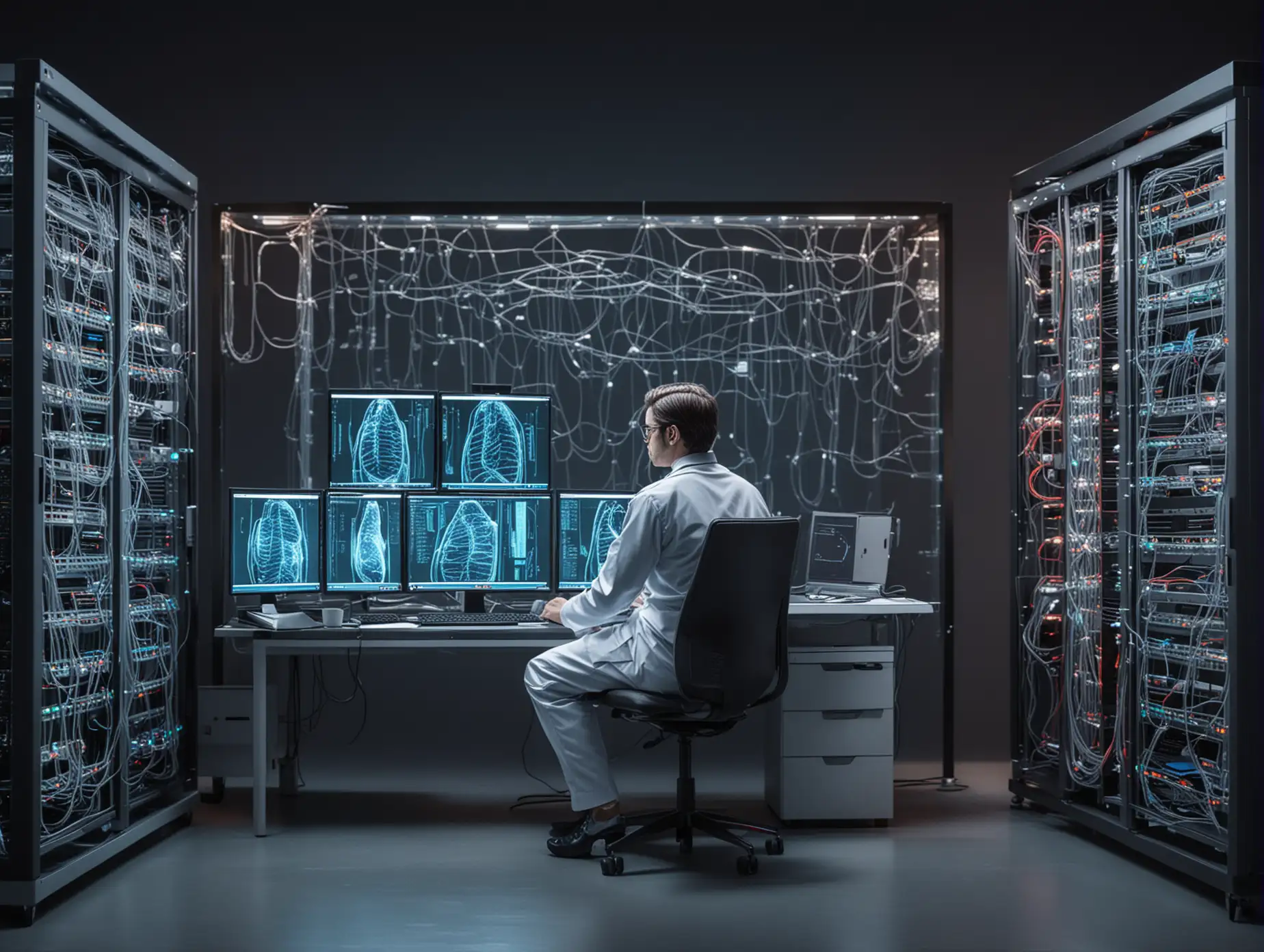 Doctor at PC with Supercomputer Displaying DNA Filament