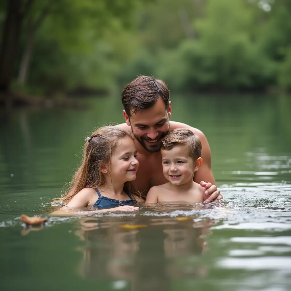 Young-Girl-and-Boy-Bathing-in-a-Tranquil-Pond-with-Father