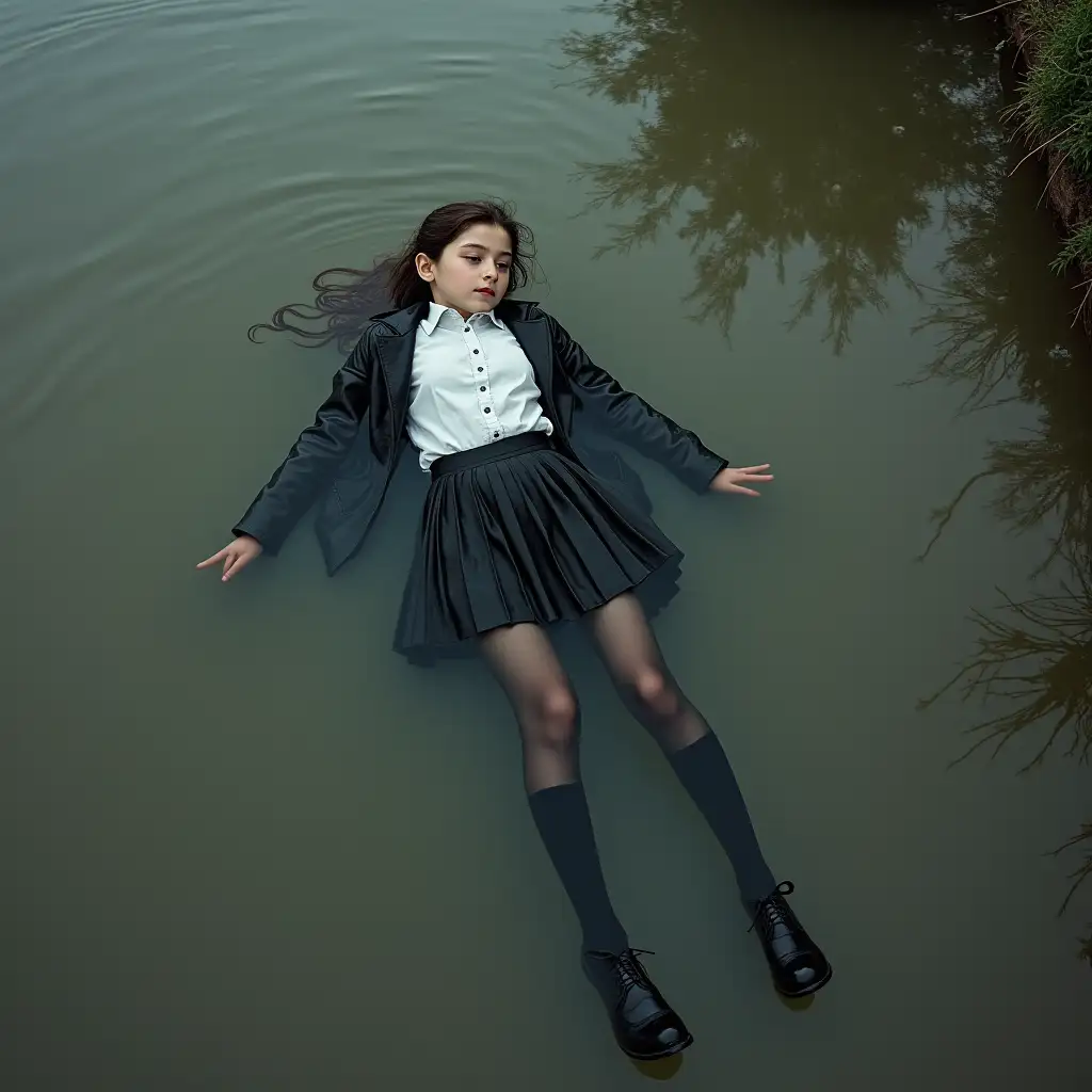 A young schoolgirl in a school uniform, in a skirt, jacket, blouse, dark tights, high-heeled shoes. She is swimming in a dirty pond, lying under water, all her clothes are completely wet, wet clothes stick to her body, the whole body is under water, submerged in water, under the surface of the water, below the water's edge.