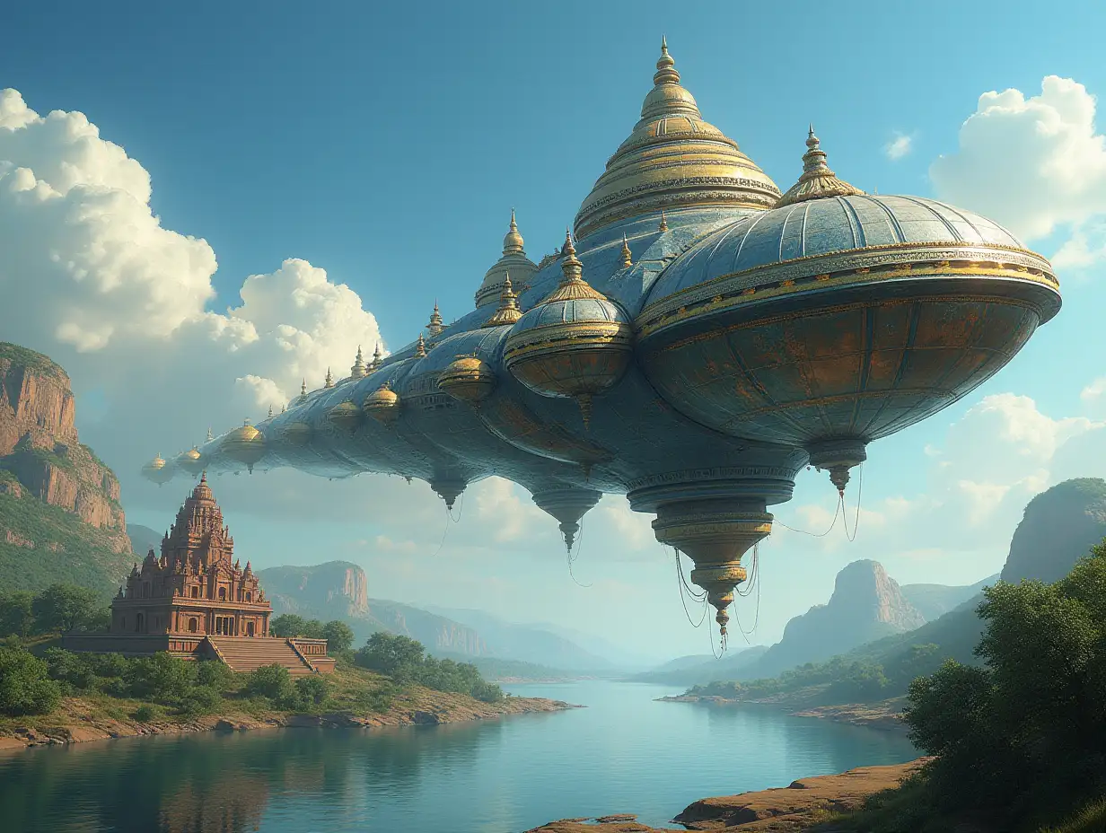 A highly detailed and intricate depiction of a Vimana as described in ancient Indian Vedic texts. The Vimana features a metallic structure with domed tops, elaborate carvings, and a glowing aura of energy. It hovers gracefully in the sky, powered by advanced energy sources like solar and wind energy. The scene includes a lush Indian landscape with rivers, ancient temples, and a clear blue sky, emphasizing the blend of futuristic technology and ancient tradition.