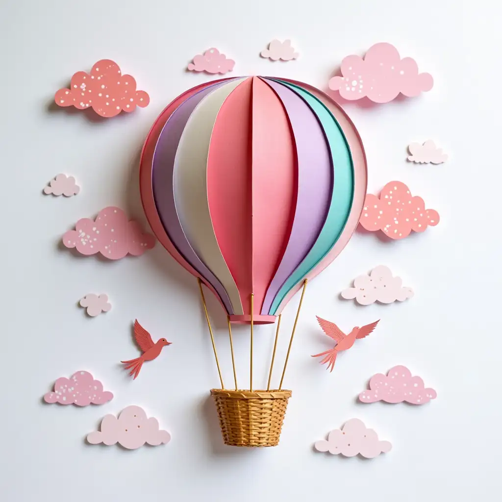 Handmade Hot Air Balloon Card with Paper Clouds and Birds