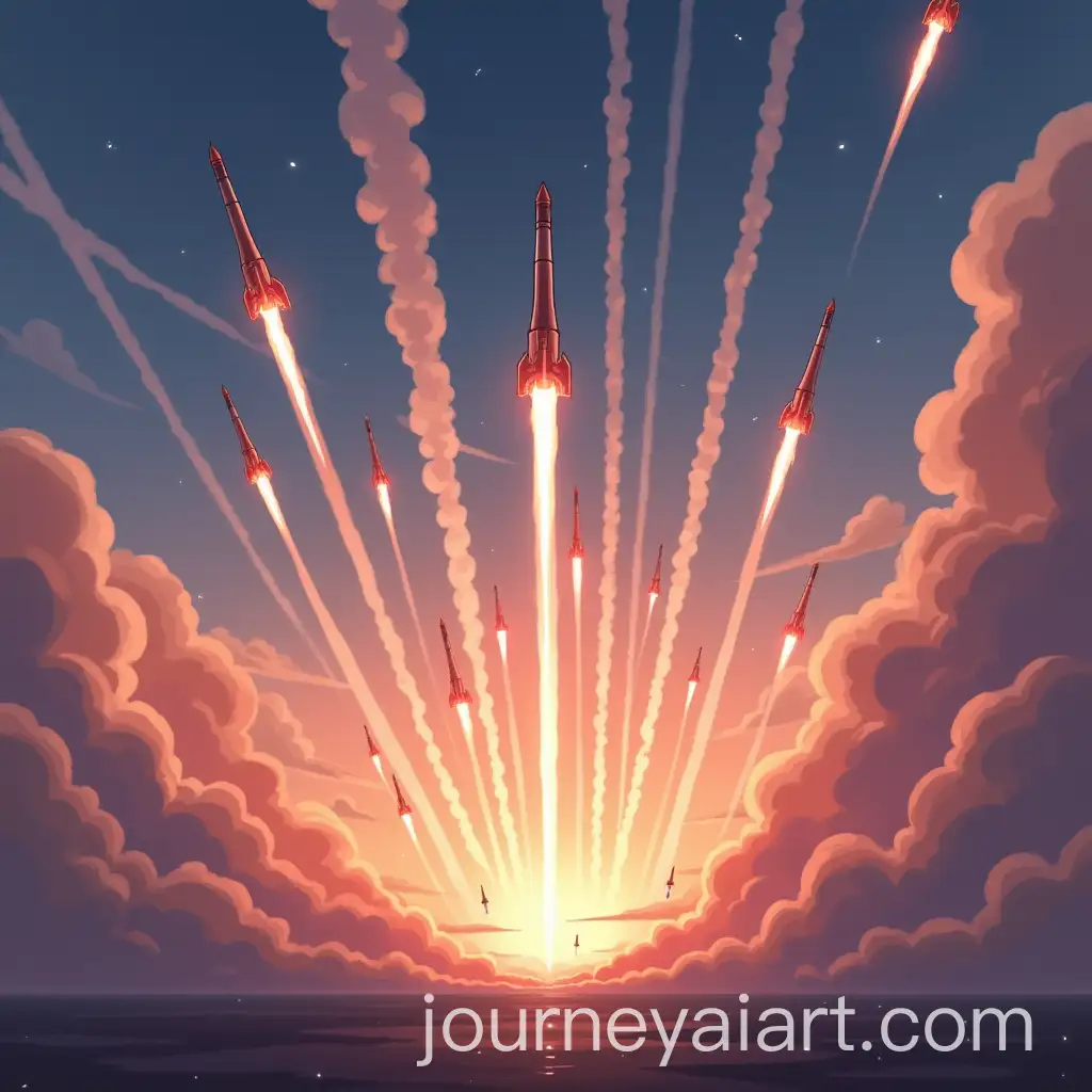 Swarm-of-Missiles-Rising-in-Sunset-Sky-with-Smoke-Trails