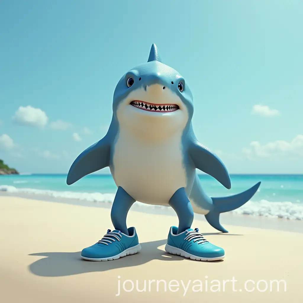 Shark-with-Three-LegsAI-Art-Prompt-Expansion-and-Blue-Shoes-on-a-Beach-with-Incoming-Wave