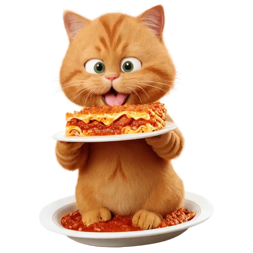 Garfield eating a lasagna