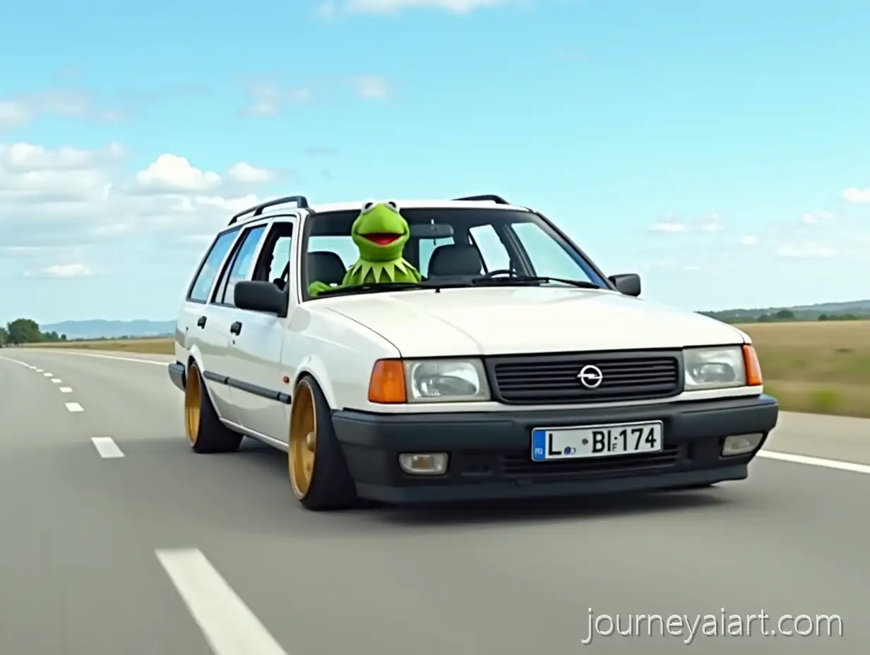 Opel-Astra-Station-Wagon-with-Kermit-the-Frog-Driving-on-a-Sunny-HighwayAI-Art-Prompt-Expansion