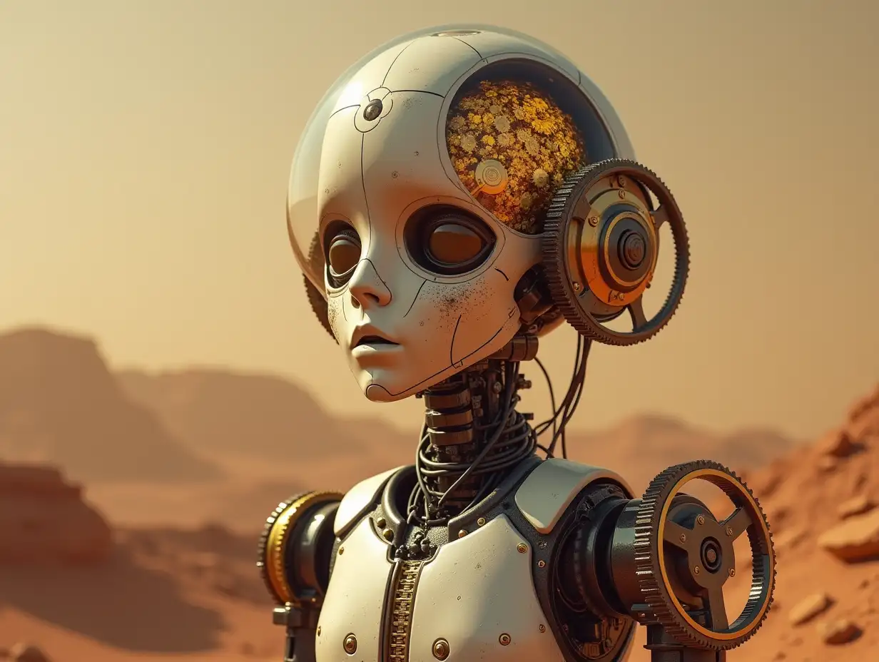 Create a high-resolution, realistic image of artificial intelligence Robert, two meters tall, with gears on arms and legs, gears on cheeks and a glass head with visible platinum brain made of gold, screws with many gears, on Mars on a rock 4k resolution with 