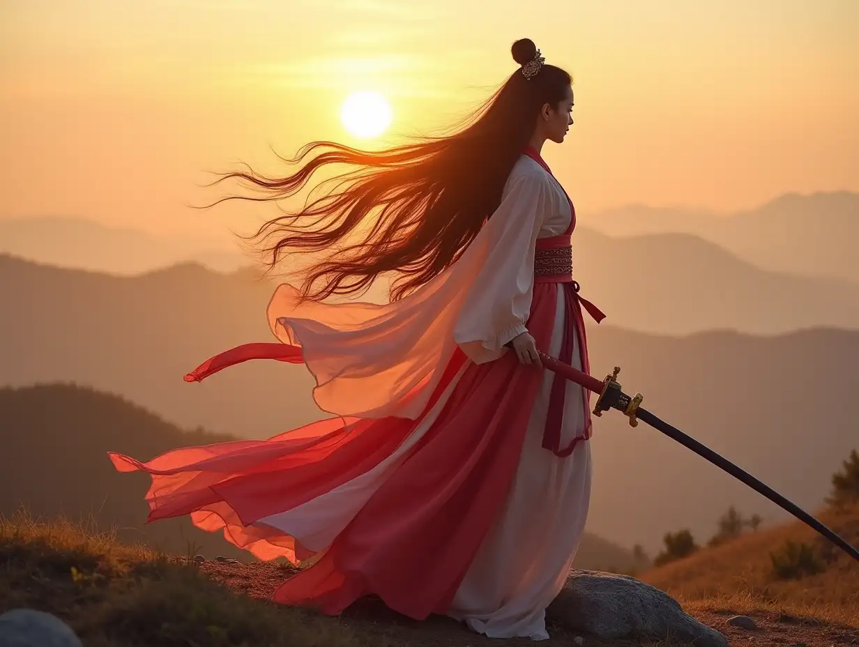 Beautiful woman, long hair, Hanfu, wielding sword, sunrise, mountain top, full body