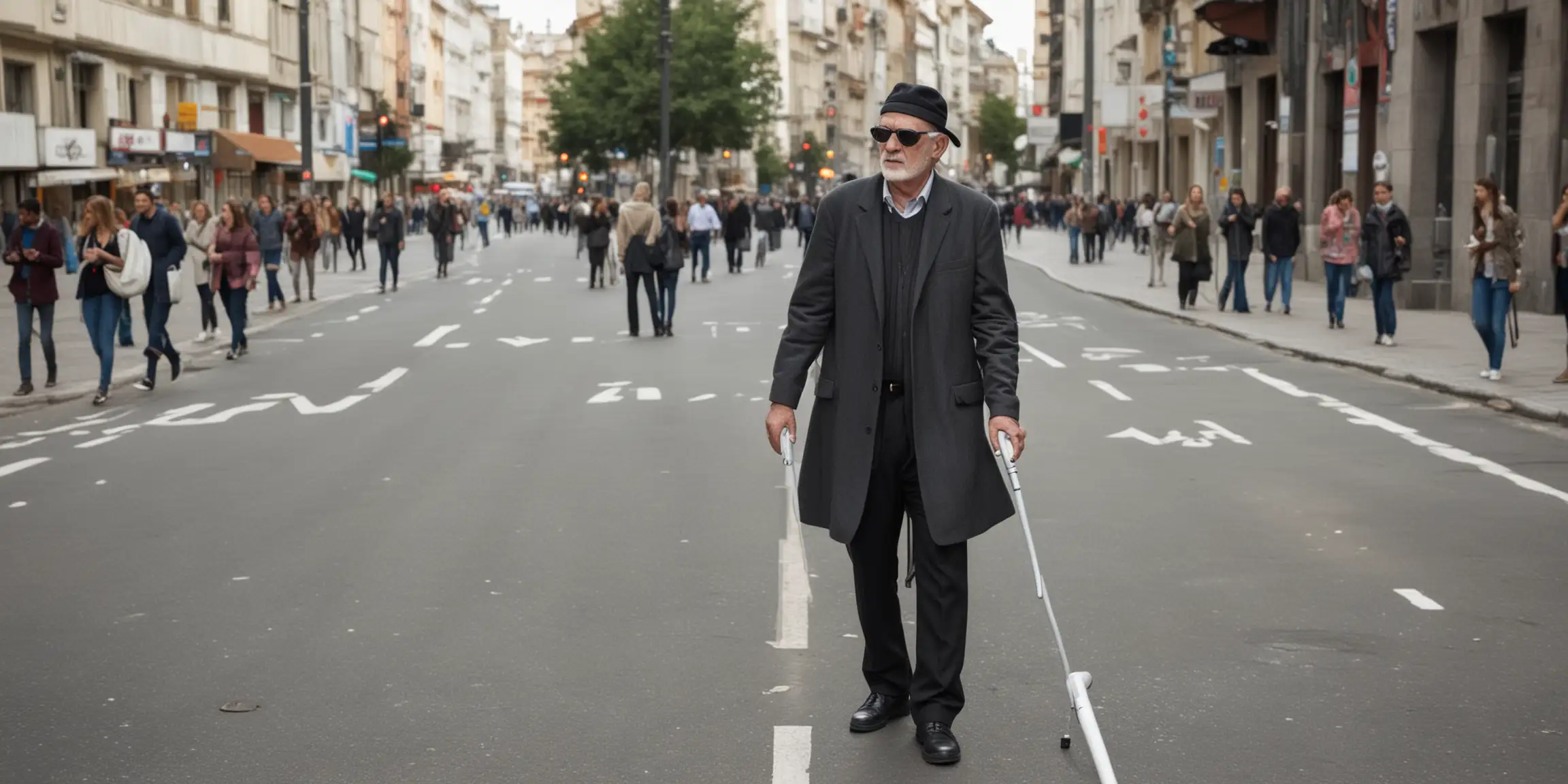 Blind Man with White Cane on Busy Street