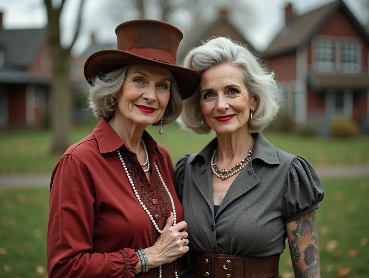 Two 80 years old, rounded rusty and white hair, wearing a blouse in red and gray, a slight smile on the face, tattoos, with Retro Mini - Top hat Red lipstick highlights her smile, modern jewelry, and much more holding a pearl necklace in her hand, in a park with many houses Steampunk 8k quality