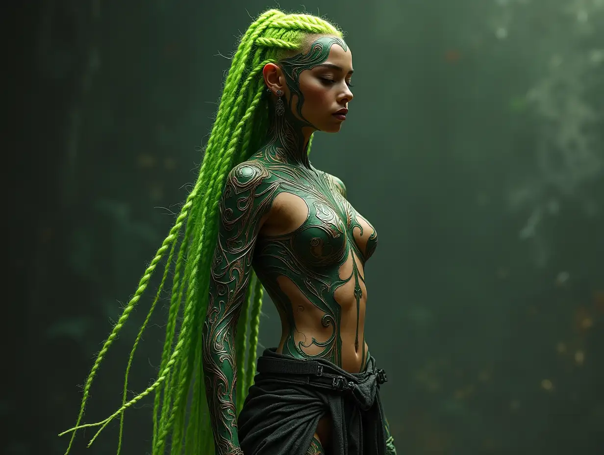 A futuristic warrior, their vibrant green and gold braids glowing with inner light, stands poised and ready. Intricate body art flows across their form, adding to their air of focused intensity and quiet anticipation