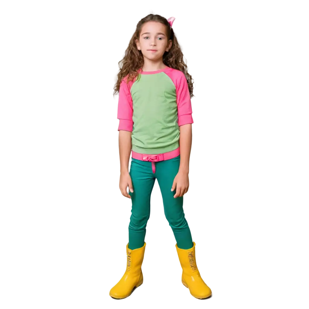 Teletemi-7YearOld-Girl-PNG-Image-Green-Shirt-Pants-Yellow-Boots-Brown-Hair-Pink-Ribbon