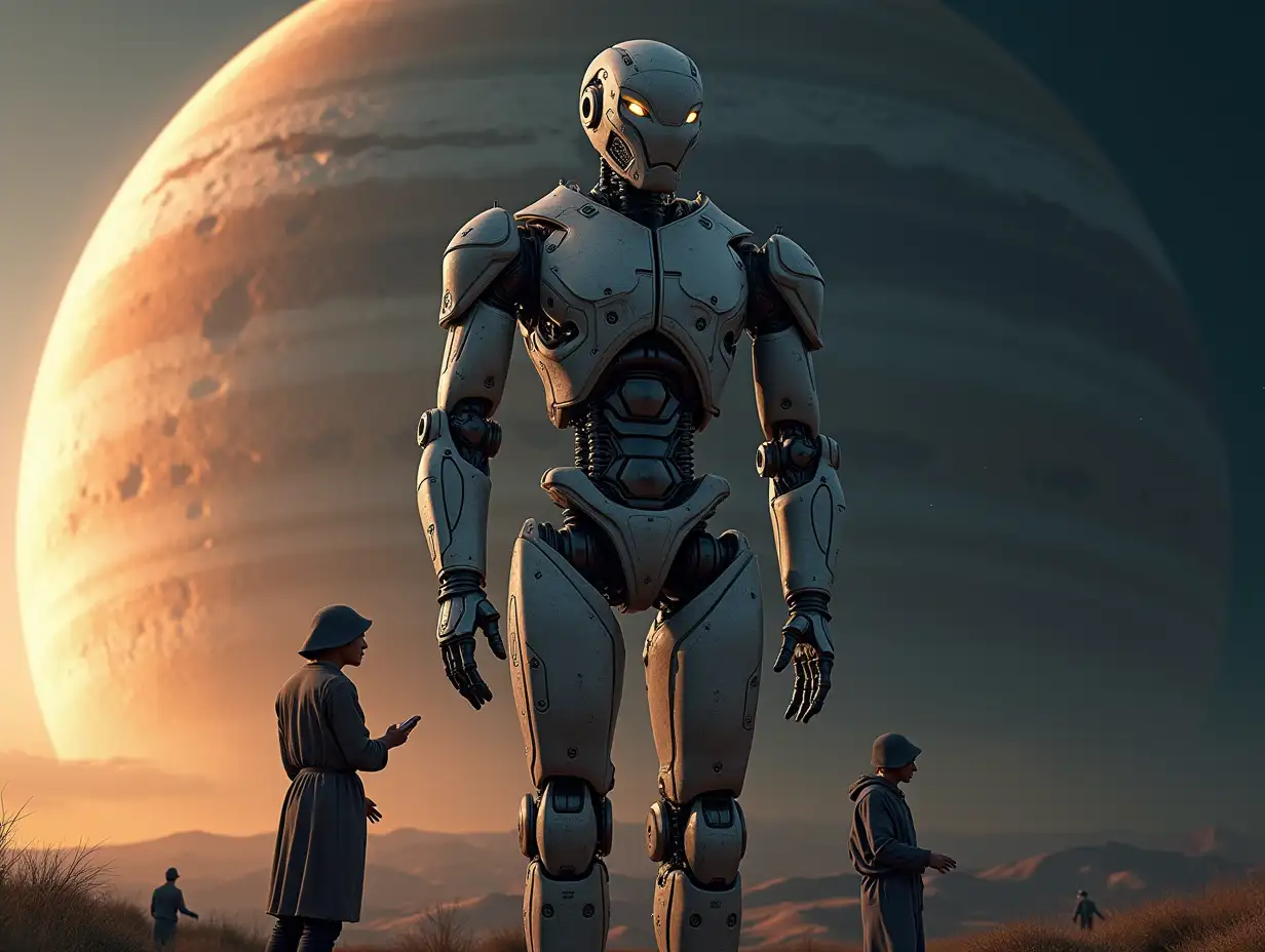 Create a high-resolution, realistic image of the artificial intelligence Robert, 40 meters tall with humans, with motor made of many parts, on Jupiter in 4k resolution