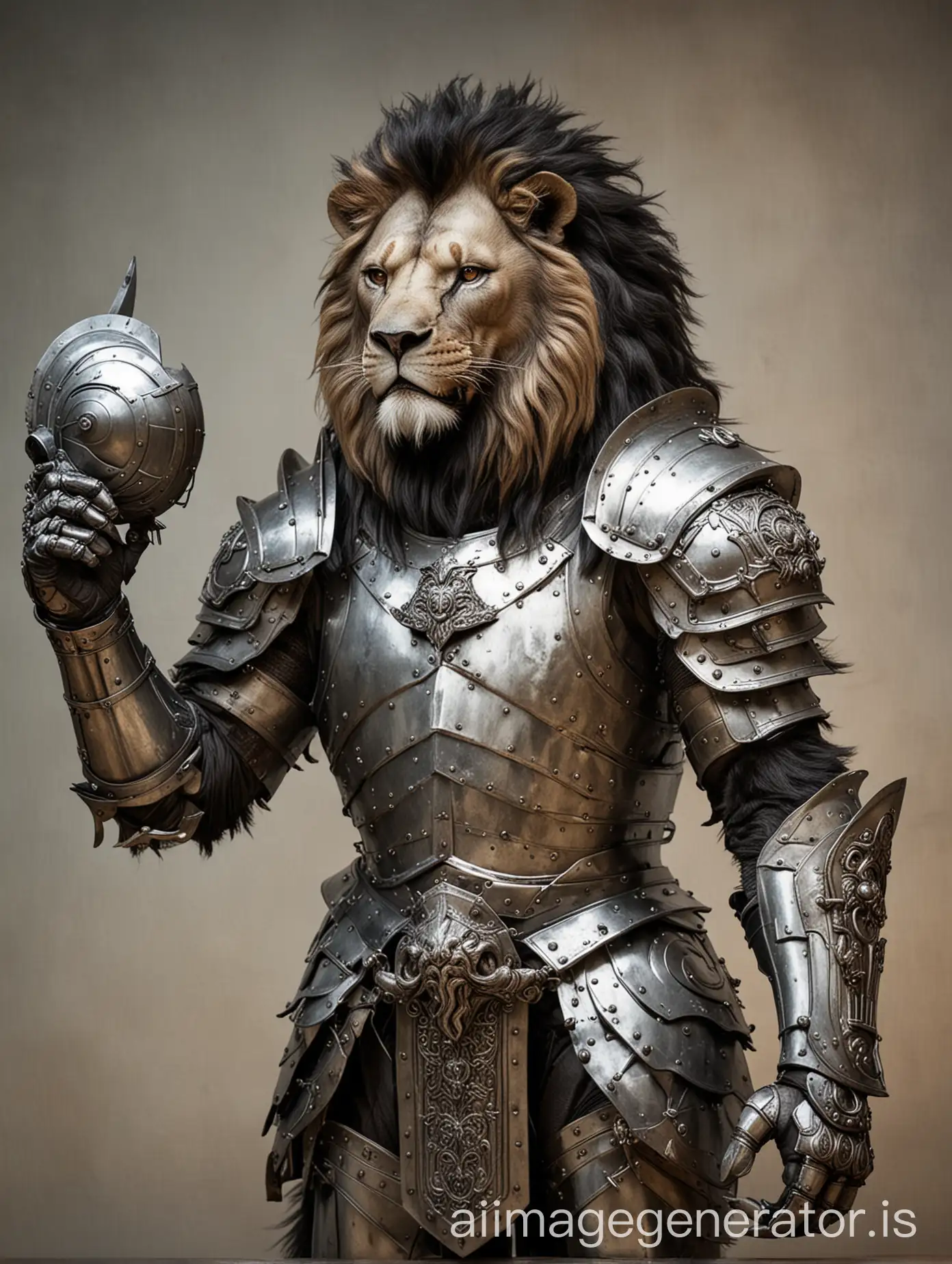 Anthropomorphic-Lion-in-Steel-Plate-Armor-Holding-Helmet