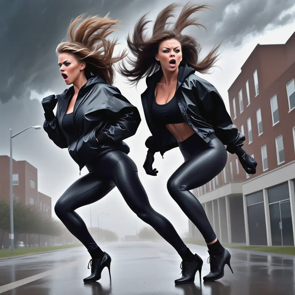 Two-Athletic-Girls-Squatting-in-Hurricane-Windstorm-with-Gale-Force-Winds