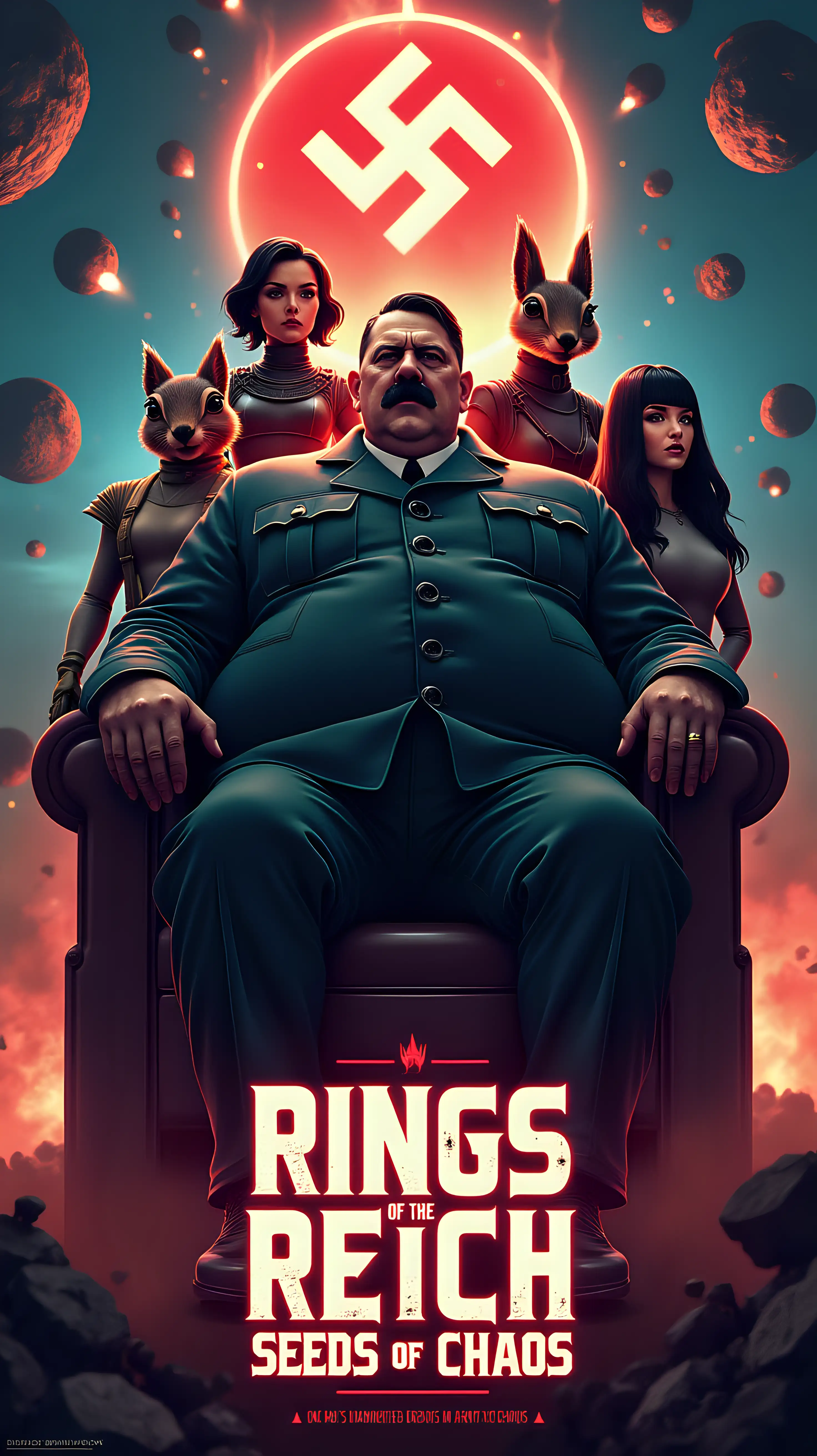 Design a dramatic sci-fi poster for Rings of the Reich: Seeds of Chaos. Center Heavy Hitler, an obese adolf hitler on his imposing hover-throne, exuding power and madness. Surround him with dark-haired, combat-ready women in sleek futuristic outfits, military squirrels in tactical gear and jetpacks, and a humanoid hybrid—a striking fusion of the women and squirrels with cybernetic features. Set this against the backdrop of Facility 42, a menacing asteroid base glowing within a chaotic asteroid belt. Highlight glowing mines, distant explosions, and battling ships. Use bold retro-futuristic typography for the tagline: 'One man’s madness breeds an army of chaos.' Employ a dramatic color palette of blacks, fiery reds, neon blues, and metallic silvers to capture the absurd yet epic tone.