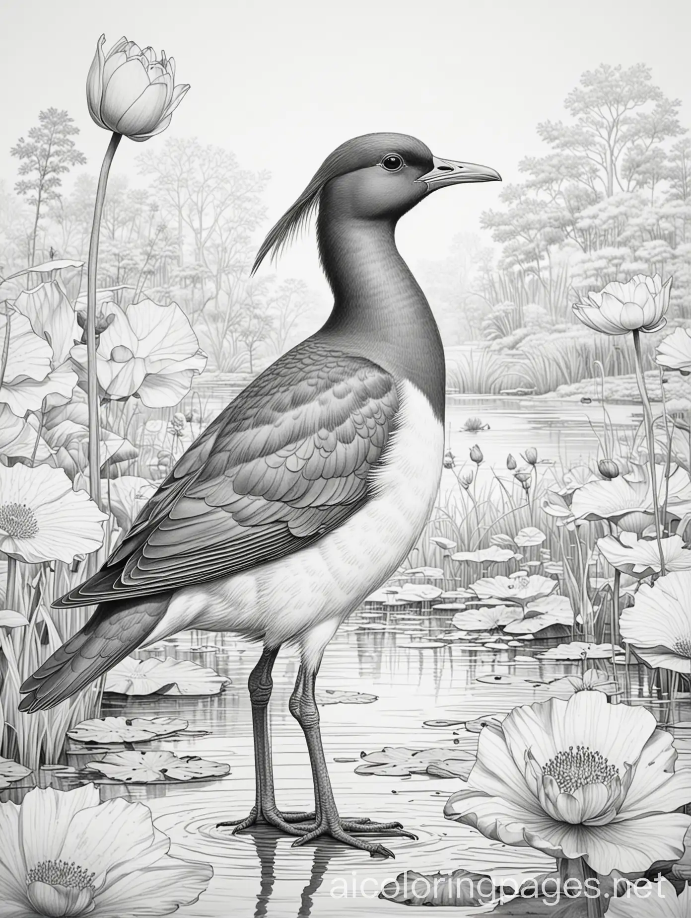 American-Purple-Gallinule-Standing-on-Lotus-in-Habitat-Sketch