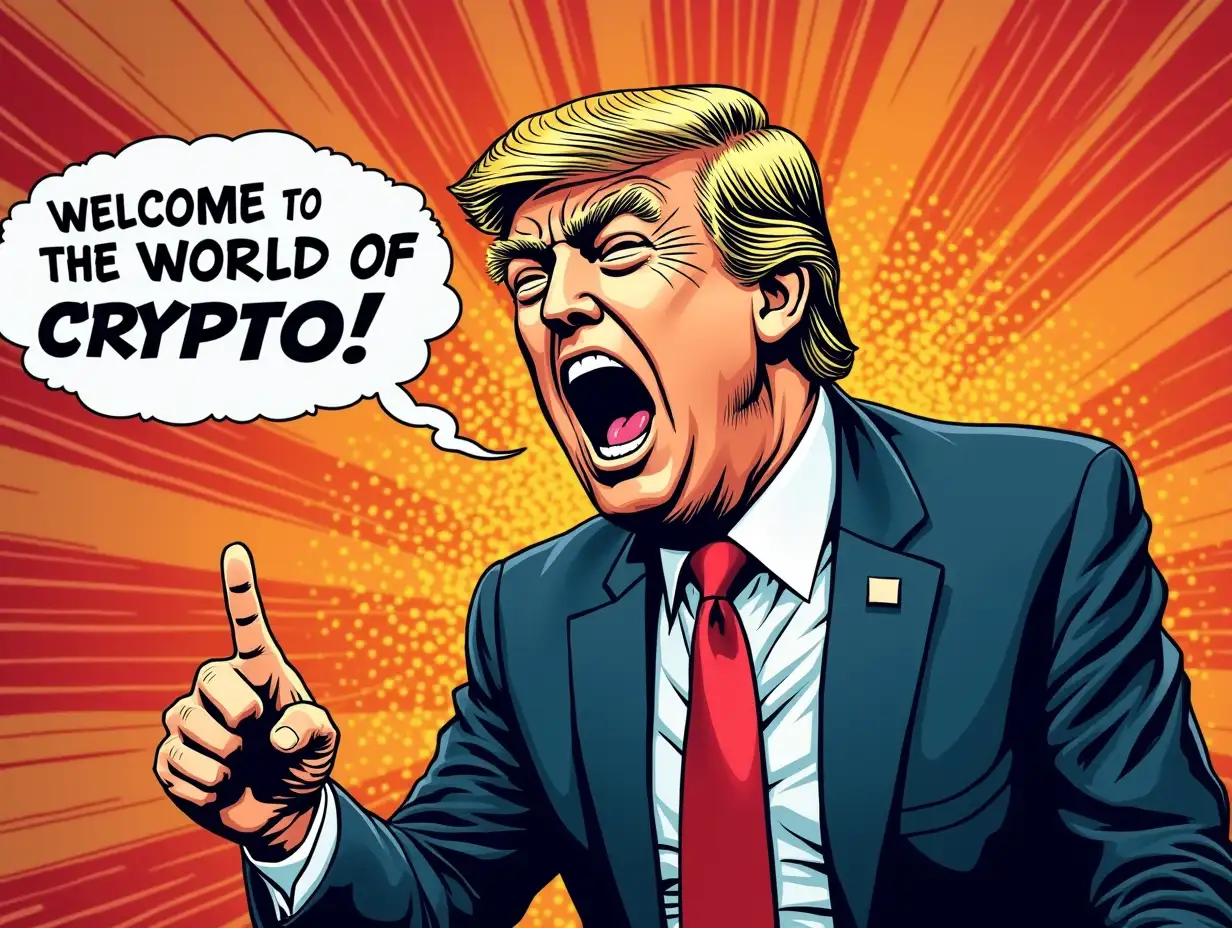 screaming donald trump 'welcome to the world of crypto' in comic style with bright vivid colors